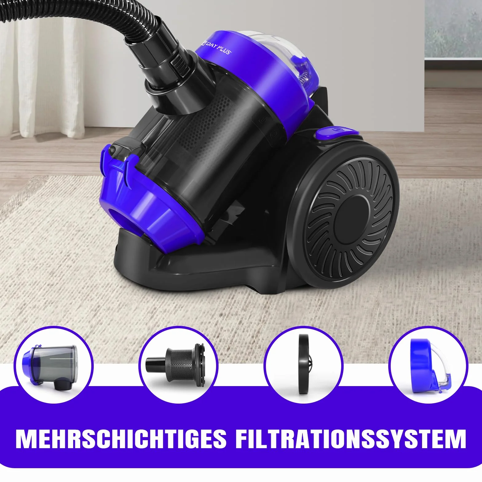 Aspiradora sin bolsa de 1000 W, con tecnología ciclónica con filtro HEPA, boquilla de suelo para parqué, alfombra, azulejos, aspiradora cilíndrica ligera con cable de 4 m, 10 m de radio de