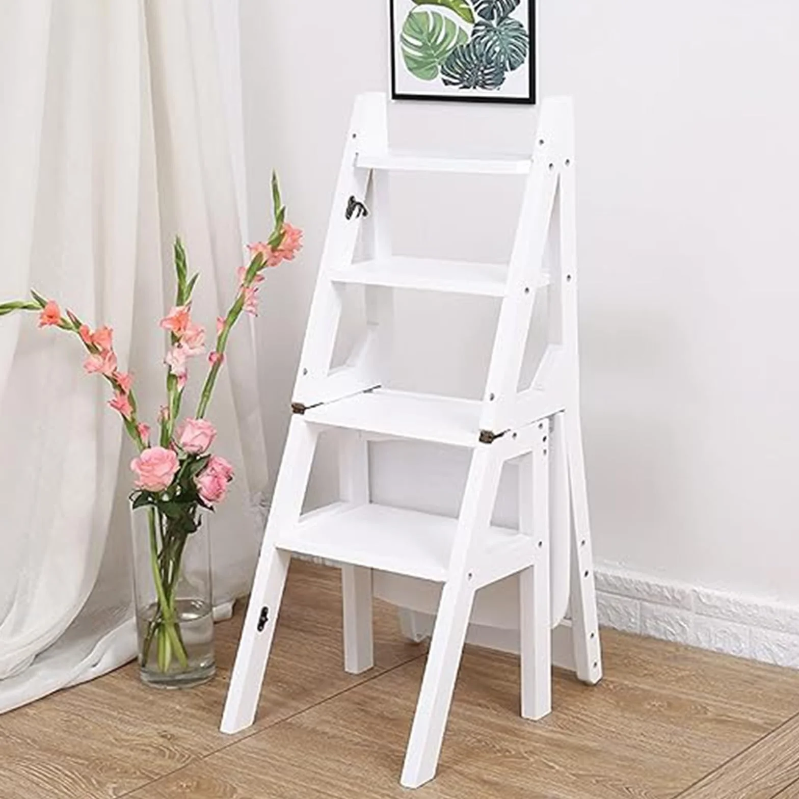 Taburete Plegable Con Escalera Blanca - Silla Multifuncional Con Escalera De Madera Con 4 Escalones Para Cocina, Biblioteca, Hogar - Silla Plegable Para Escaleras Que Ahorra Espacio - Taburet(Color:A)