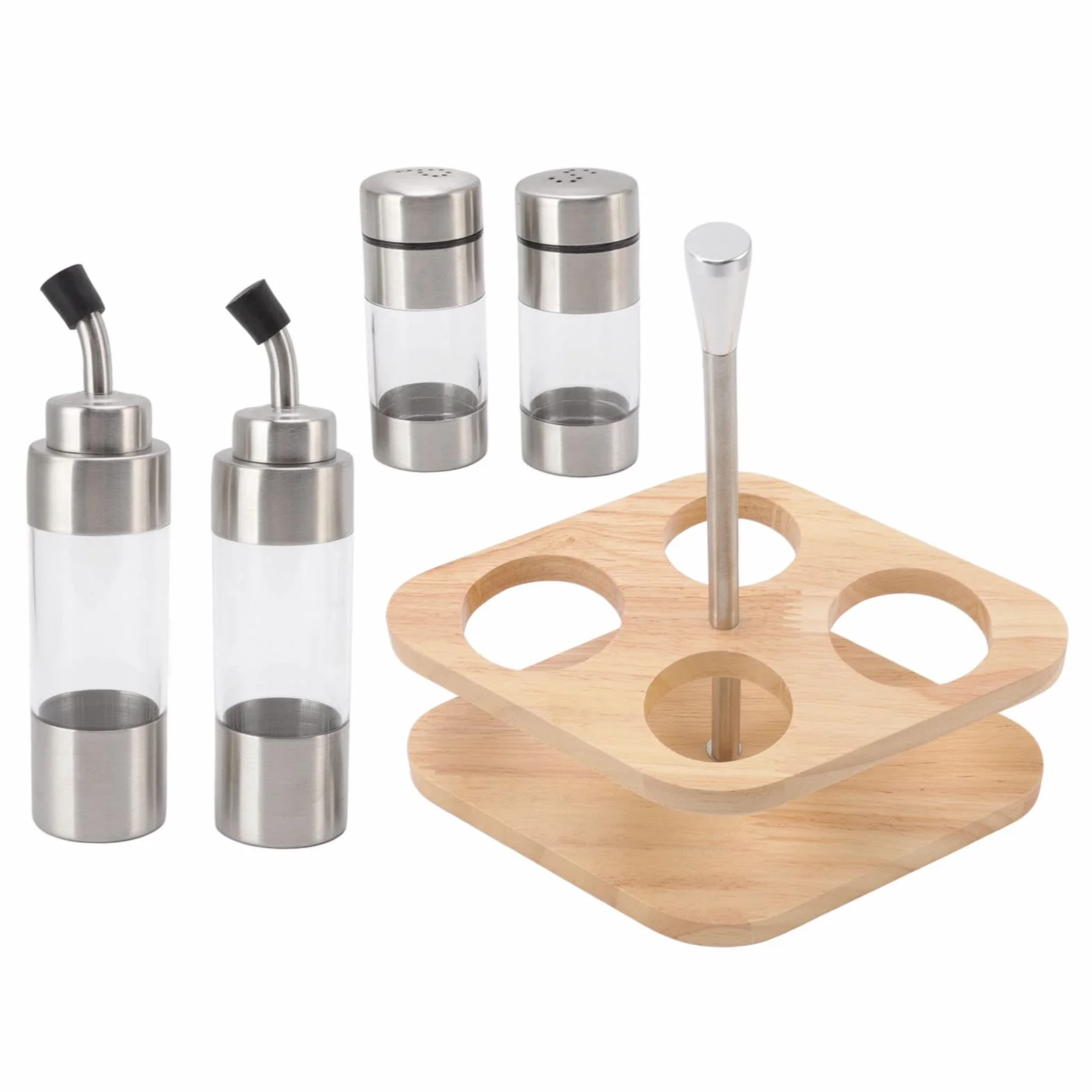 Juego de Dispensador de Aceite Y Vinagre de 5 Piezas, Botella de Condimento Translúcida de Acero Inoxidable, Dispensador de Sal Y Pimienta con Estante de Madera para Cocina, Mesa