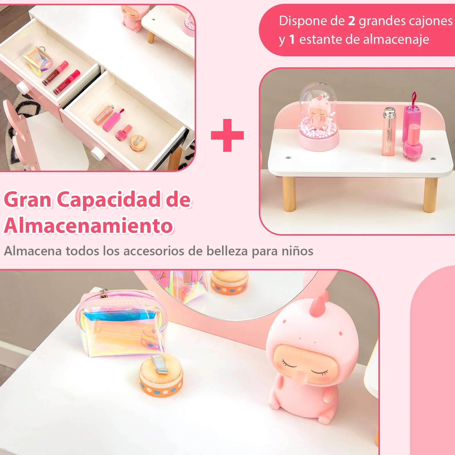 RELAX4LIFE 2 en 1 Tocador de Maquillaje para Niña con Espejo Extraíble, Taburete, 2 Cajones, 3 Accesorios, Madera, Rosa 3-7 Años