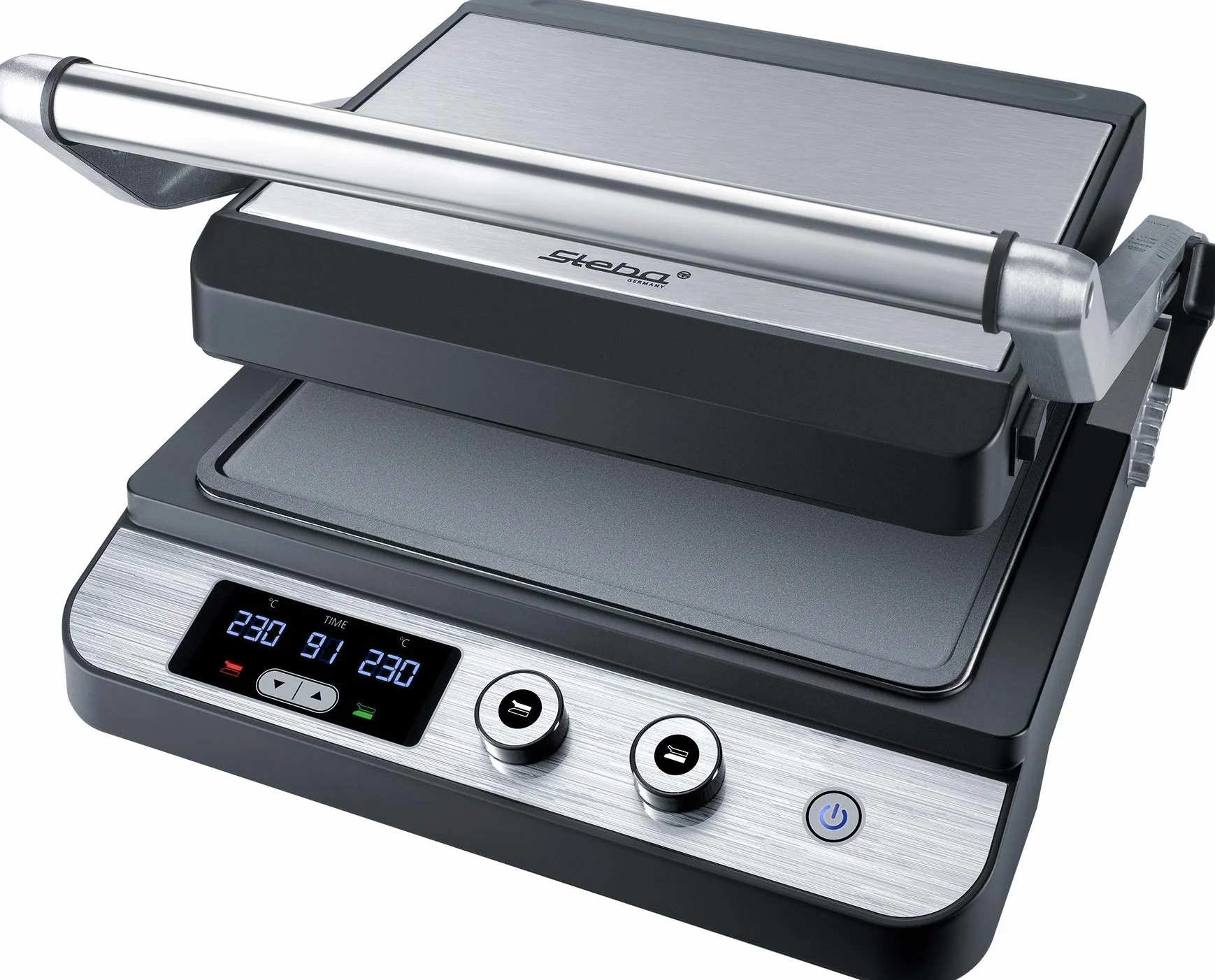 Grill bajo en grasa Steba con carcasa de acero inoxidable, gran superficie de grill antiadherente: 2 x 27 x 24 cm, gratinado por contacto, gratinado, gratinado abierto en doble superficie, FG 120