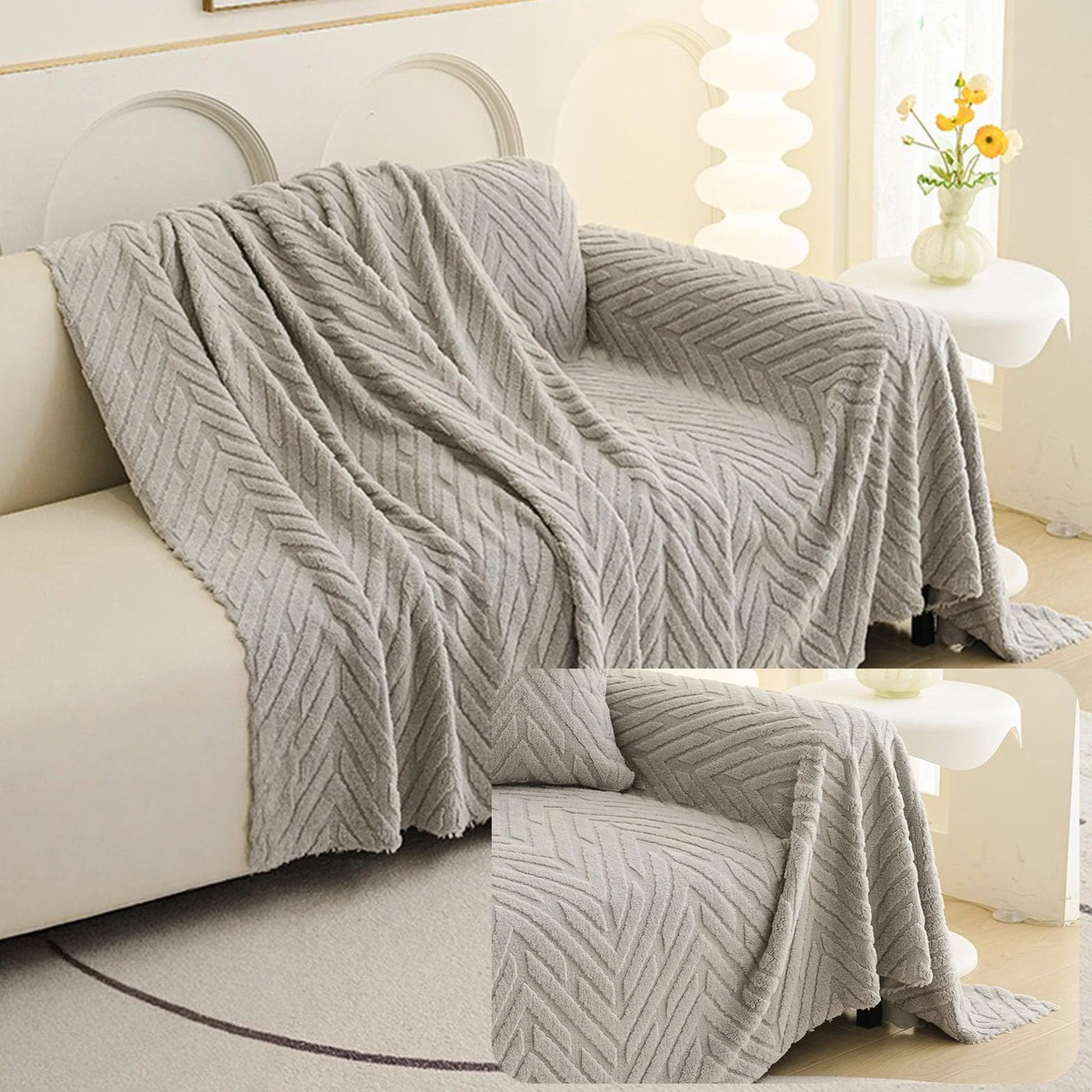 Fansu Jacquard Felpa Funda de sofá 1 2 3 4 5 Plazas Invierno Cómoda Manta Cubre Sofa Grande Multiusos Funda Protectora de Sofás Toalla Cubre Sofà Cubierta de sofá para Hogar Oficina (Gris,180x500cm)