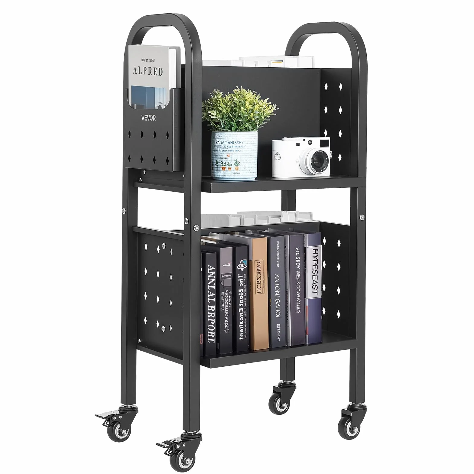 VEVOR Carro para Libros de 2 Niveles Estantería de Libros con Ruedas 45 x 33 x 88 cm Estante de Almacenamiento en Forma de L Doble Caro Carro Rodante para Biblioteca, Oficina, Escuela, Negro