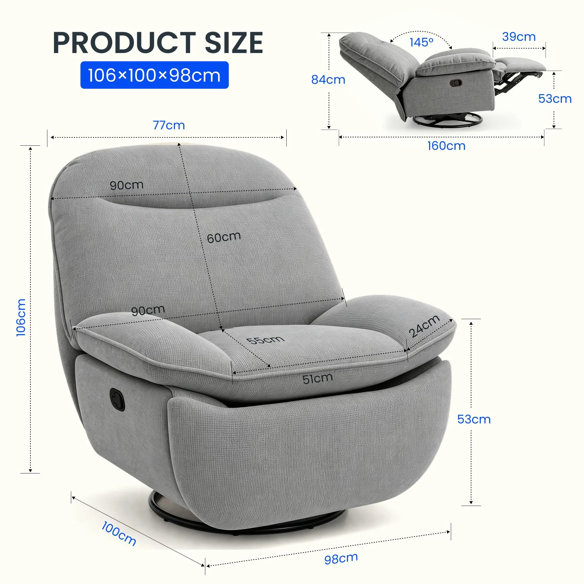 FLEXISPOT XC6 Sillón Relax, Sófa Giratorio con Función Balancín, Sillon TV con Respaldo Ajustable, Silla Reclinable para Dormitorio, Salón y Cine en Casa (Gris Claro)