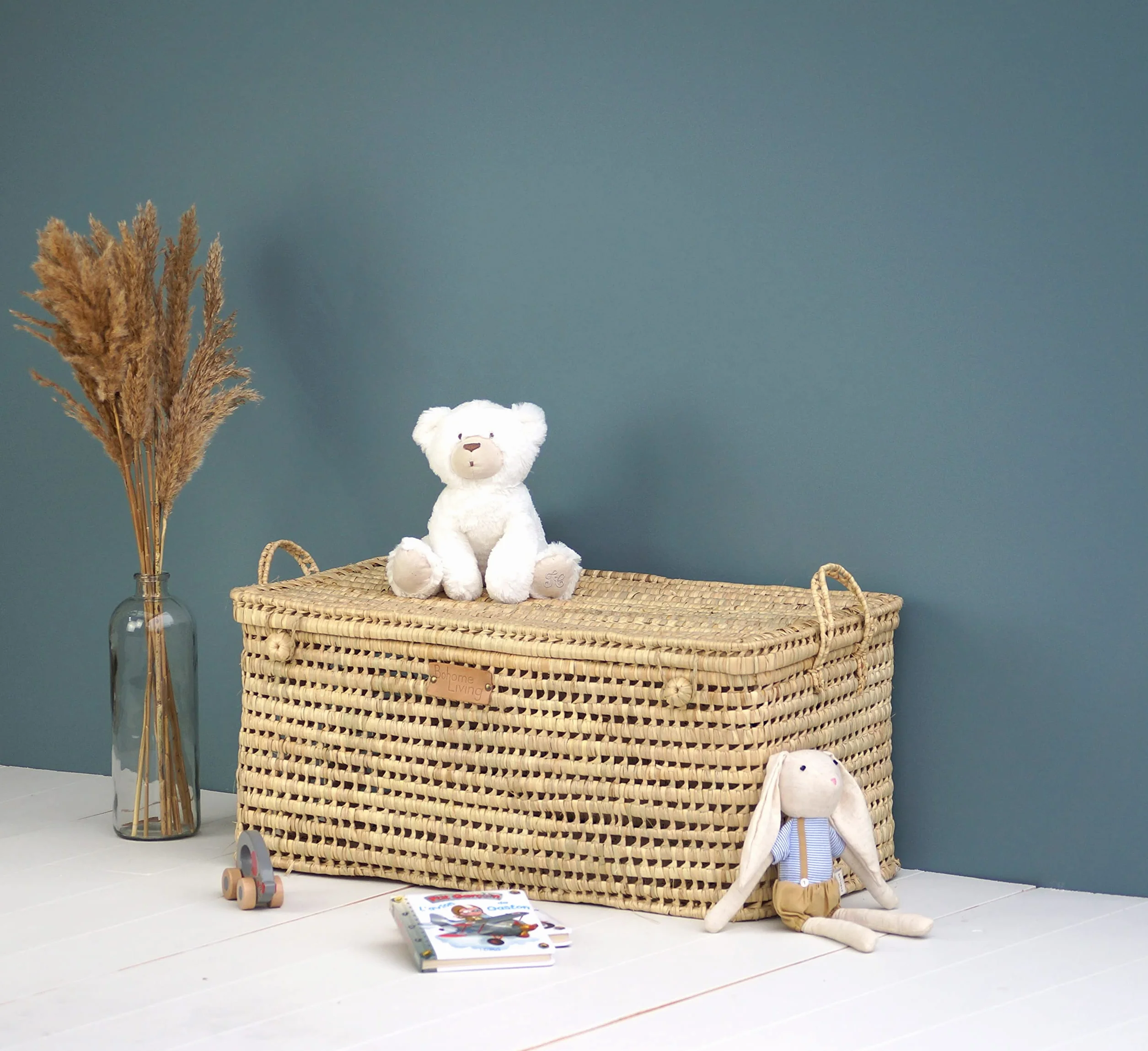 Baúl de Almacenaje de Mimbre, Cesta Grande para Juguetes, Estilo Boho Chic, Decoración para Hogar (80cm)