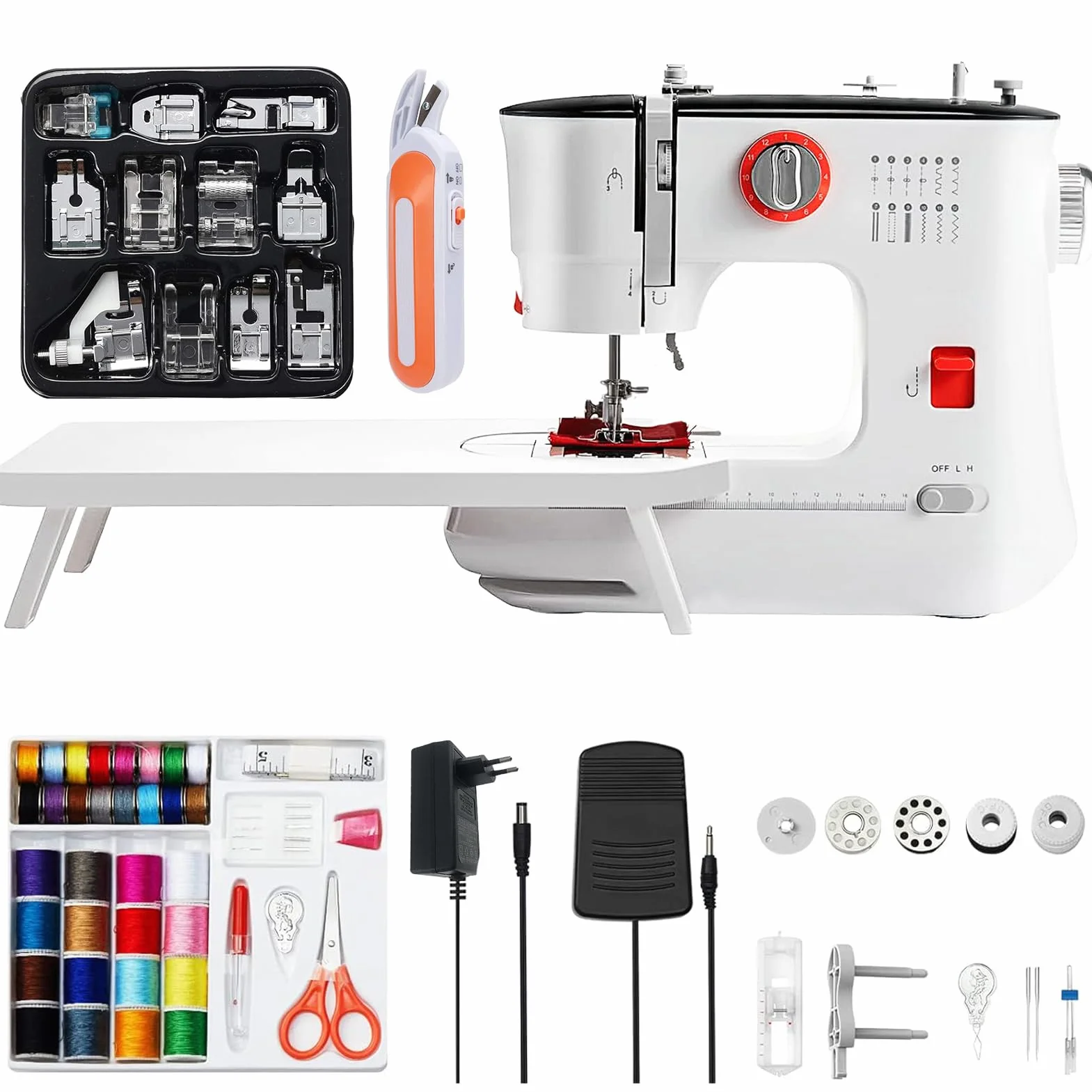 Máquina de coser eléctrica mini, 12 puntadas máquina de coser con mesa de extensión, 519 máquinas de coser sencillas para principiantes niños reparaciones, 30,5 x 13,0 x 25,5 cm