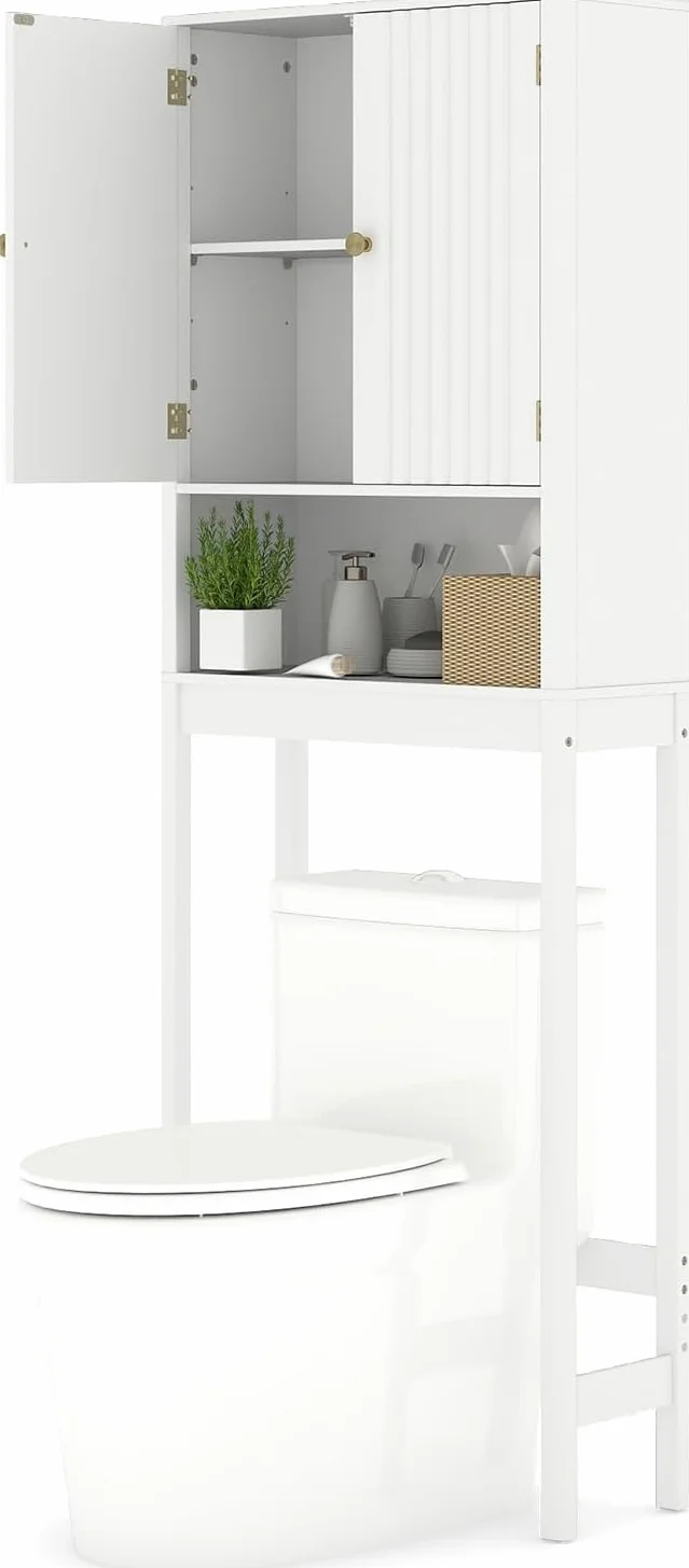 GIANTEX Mueble Organizador sobre Inodoro, Armario de Pie con 2 Puertas y 1 Compartimento Abierto, Estante Inferior Ajustable, 60 x 23 x 168 cm, Estantería Alta para Baño, Lavadero (Blanco)