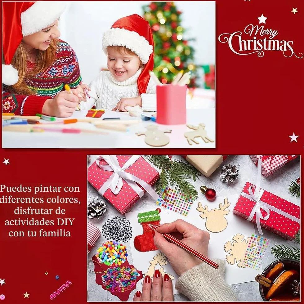 264 Piezas Adornos Árbol Navidad Madera Colgante - Decoración Navideña con Cordón