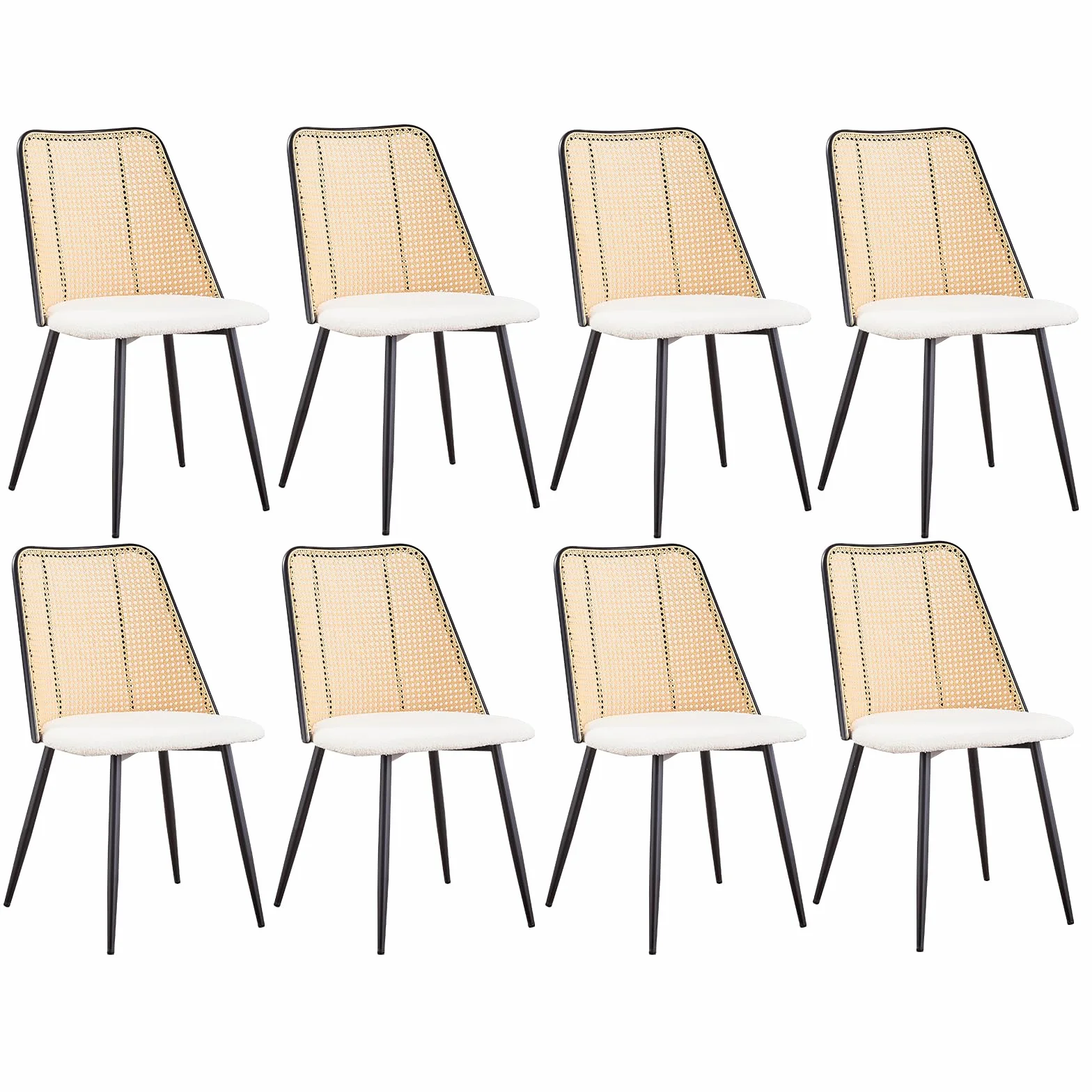 Juego de 8 Sillas de Comedor Modernas, Respaldo Tejido de Ratán, Asiento de Felpa Granulada, Estructura de Metal Negro, se Puede Usar como Silla de Cocina, Silla de Sala de Estar