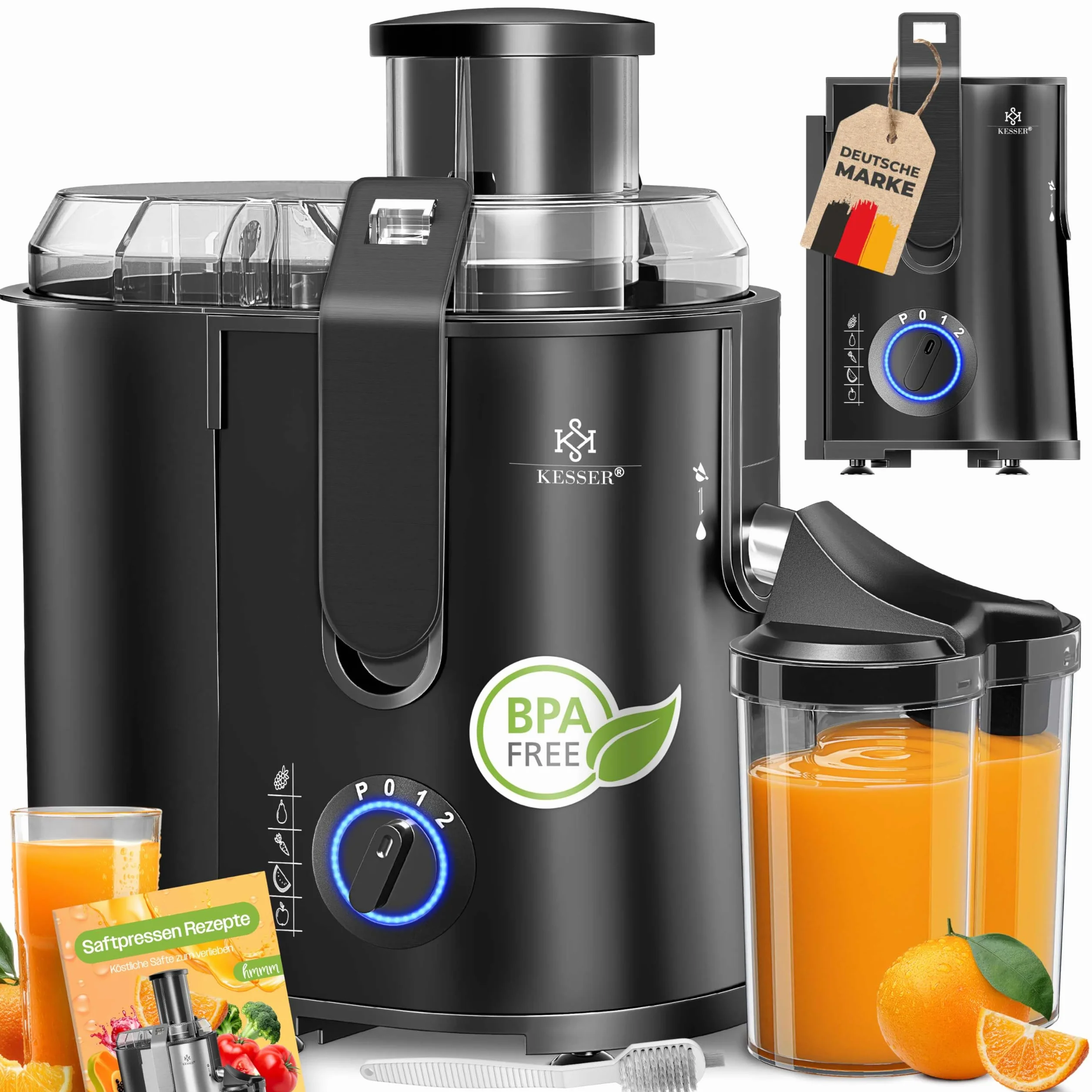 KESSER Exprimidor acero inoxidable 1100W, abertura 85 mm, 3 velocidades, Negro