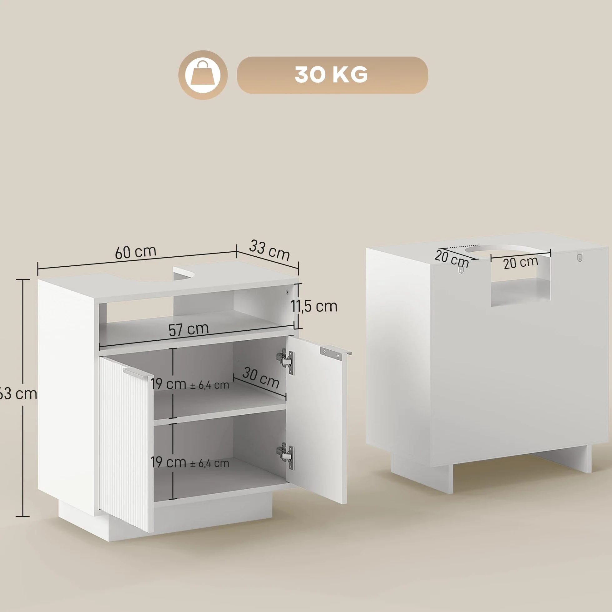 HOMCOM Mueble bajo Lavabo con 2 Puertas Acanaladas 60x33x63 cm Blanco | Mueble de Baño, Compartimento Abierto, Armario de Baño para Lavabo sin Pedestal, Estilo Moderno