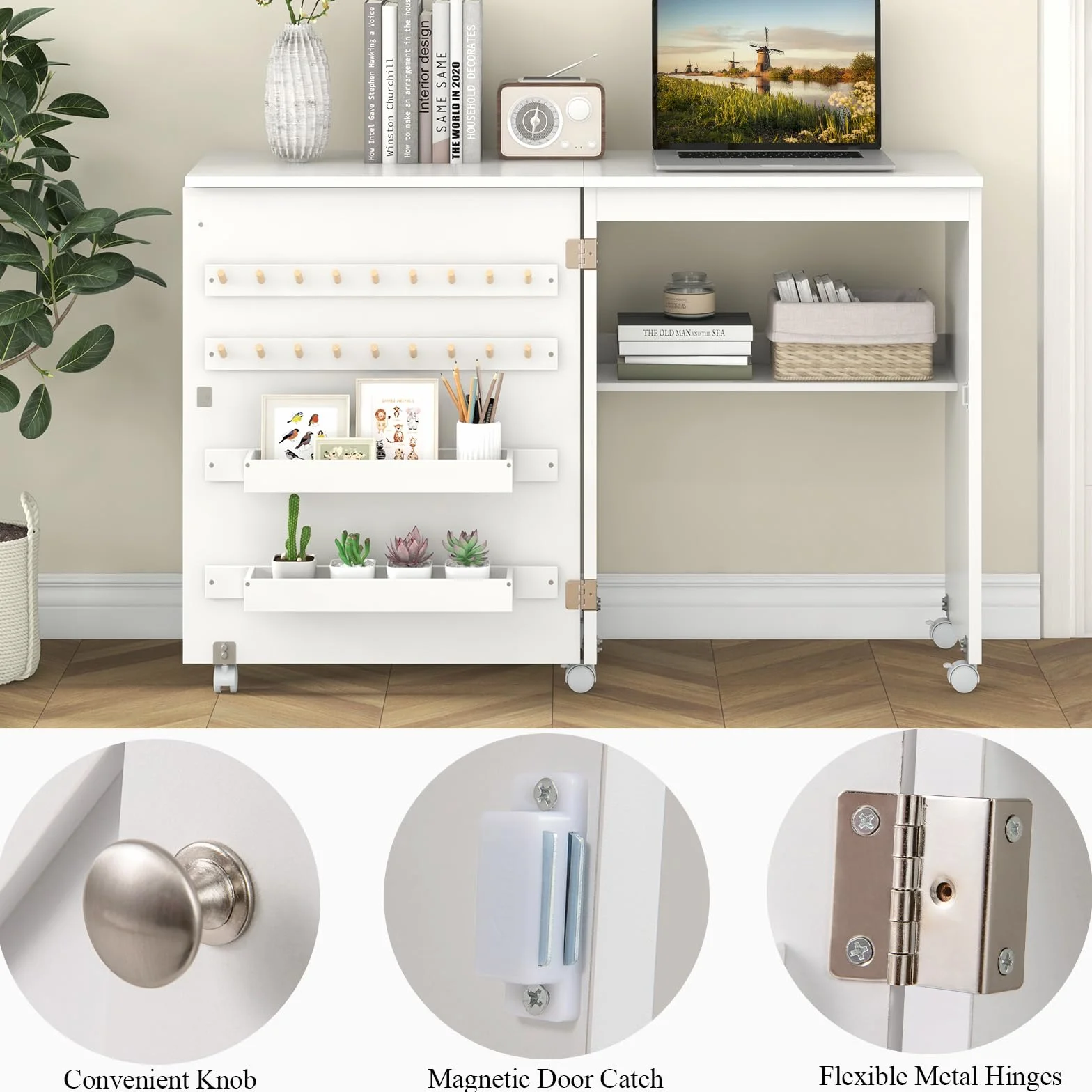 LIFEZEAL Armario de Costura, Mueble para máquina de Coser, Mesa Plegable de Costura con 5 Ruedas, 2 bandejas, 18 Ganchos para Hilo, Mesa Multifuncional de Manualidades (Blanco, 116 x 40 x 76cm)