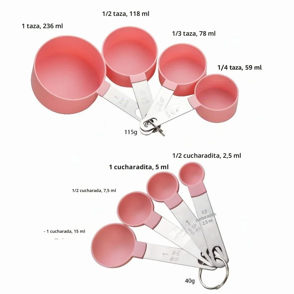 Juego de 8 tazas y cucharas medidoras de acero inoxidable, rosa