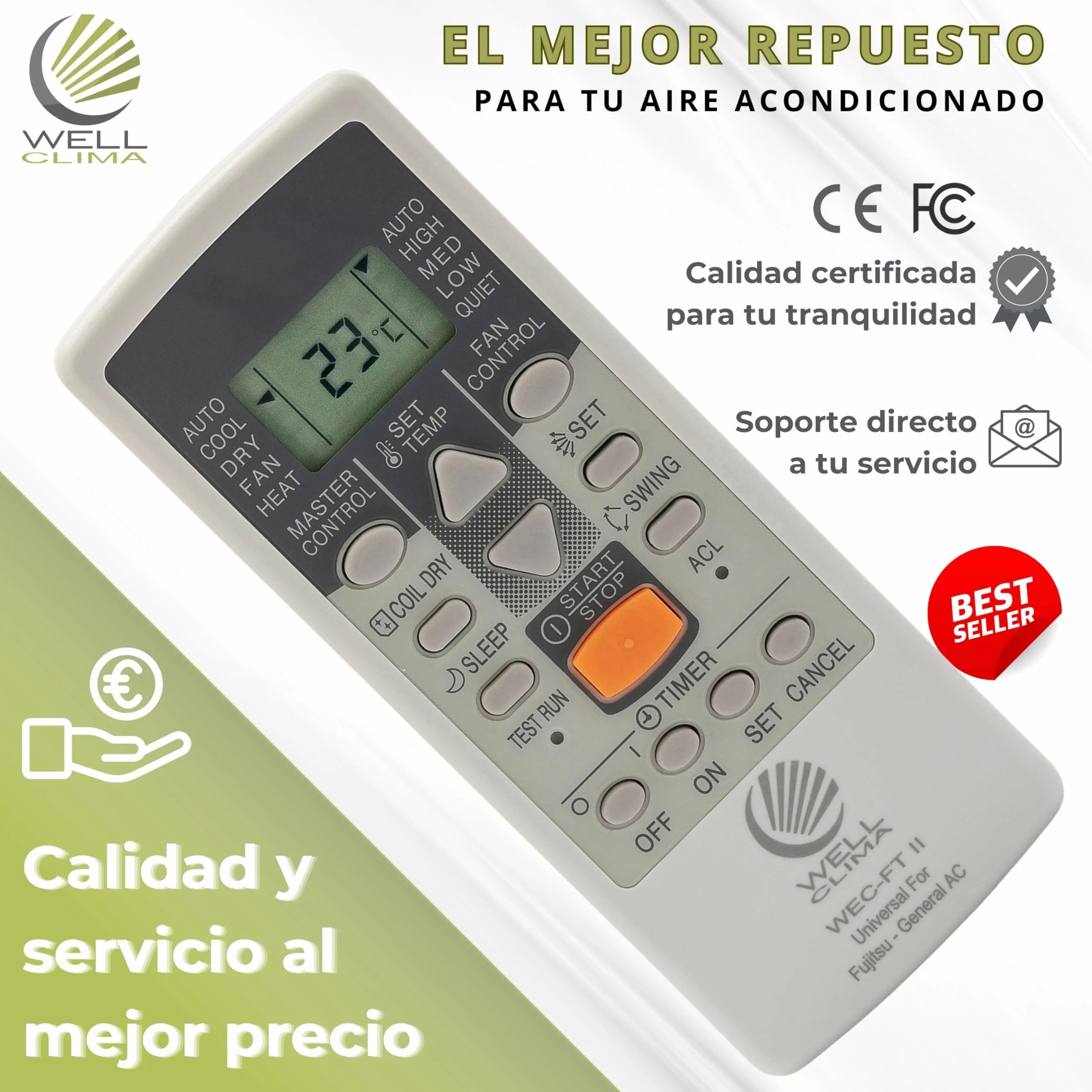Wellclima WEC-FT II Mando Universal Compatible con Aires Acondicionados Fujitsu y General, Funciones Avanzadas, 4 Velocidades de Ventilador