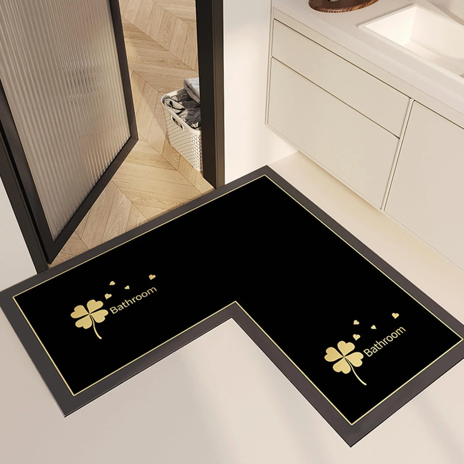 Alfombrilla De Baño De Esquina En Forma De L, Alfombrilla Antideslizante, Alfombrilla De Puerta De Secado Rápido Absorbente De Tierra De Diatomeas, Fácil Cuidado(Black,80 * 80 * 45cm)