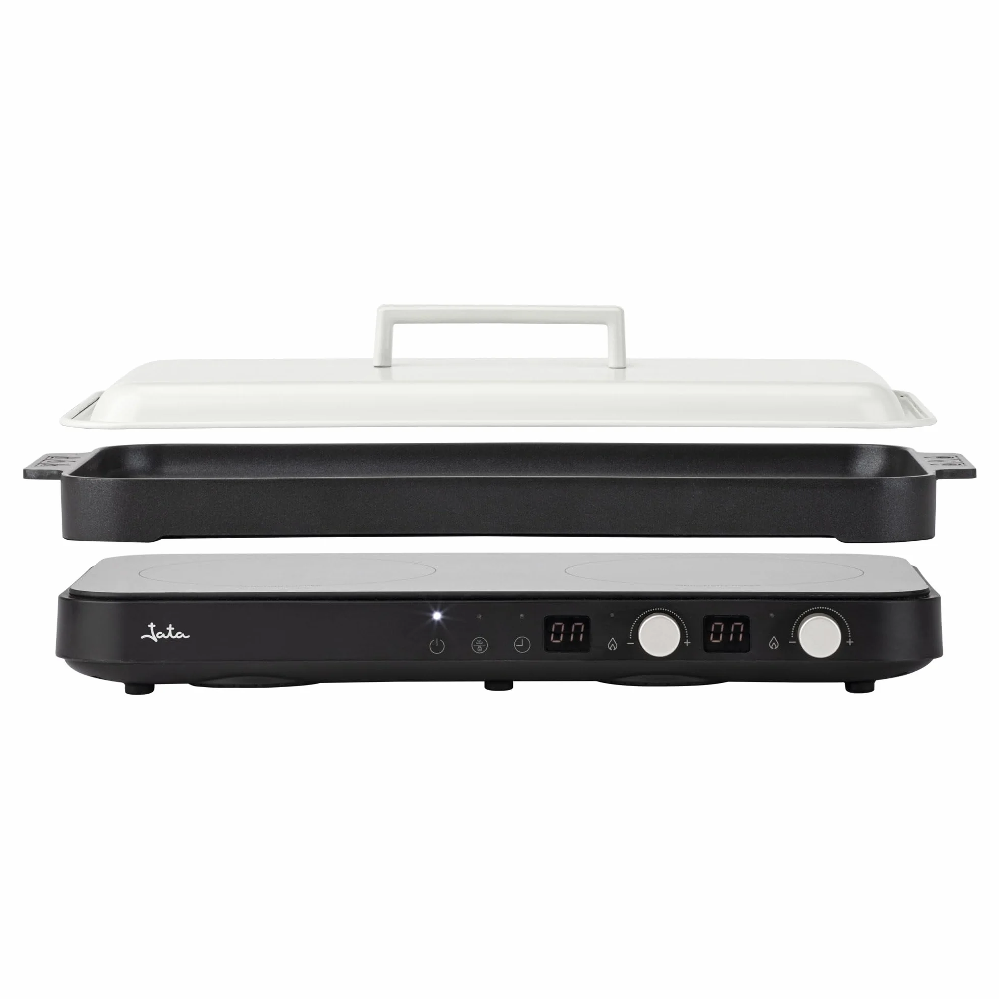JATA JEVI1470 - Placa Induccion Portatil de 2 Fuegos + Plancha Cocina. 2800 W. Con tapa Antisalpicaduras. Hasta 230ºC. Con Temporizador de 99 minutos.