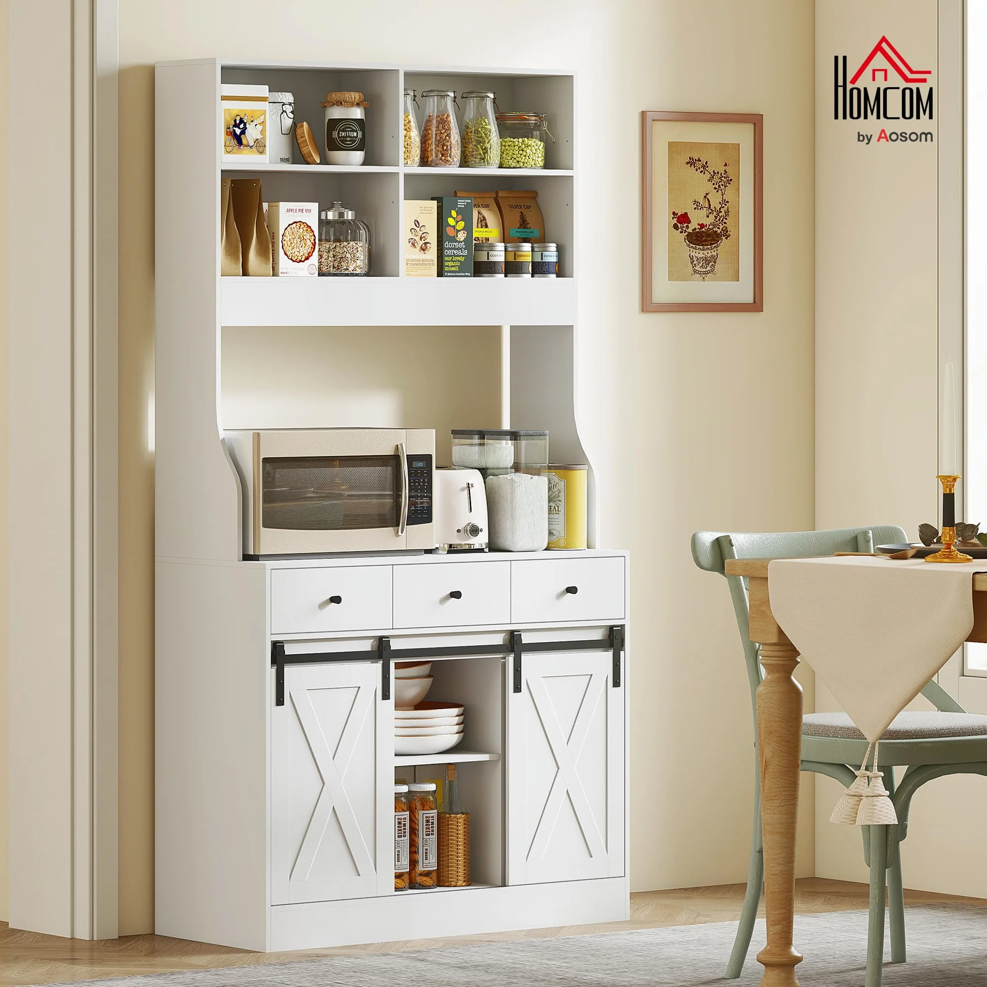 HOMCOM Alacena de Cocina Mueble Auxiliar con Encimera para Microondas, 2 Puertas Corredizas y 3 Cajones, Estantes Regulables, Estilo Granja, 93,5x40x180 cm Blanco