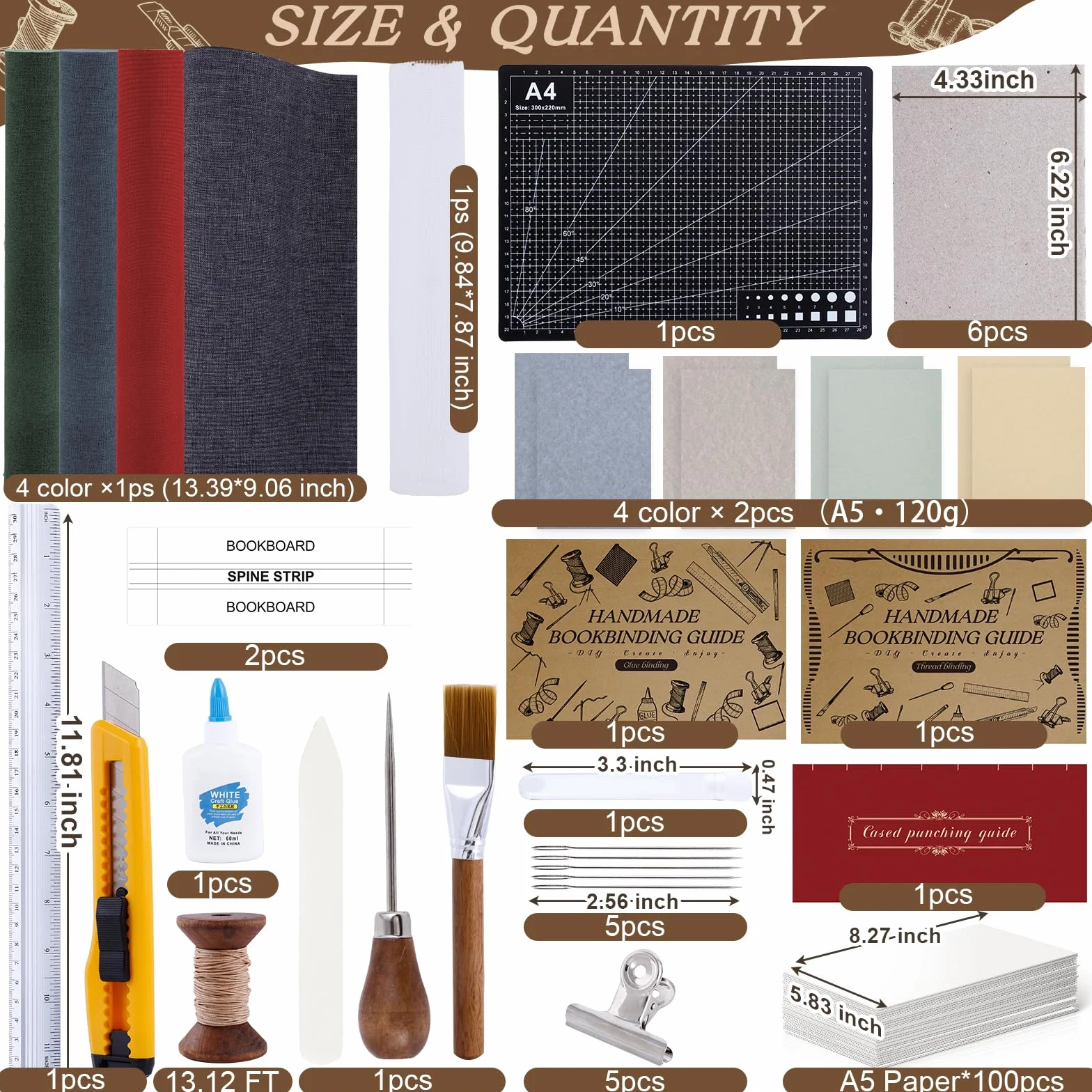 145 kits de encuadernación de libros para principiantes para hacer libros, materiales de encuadernación con punzón de tela de papel A5, herramientas completas de encuadernación con instrucciones y
