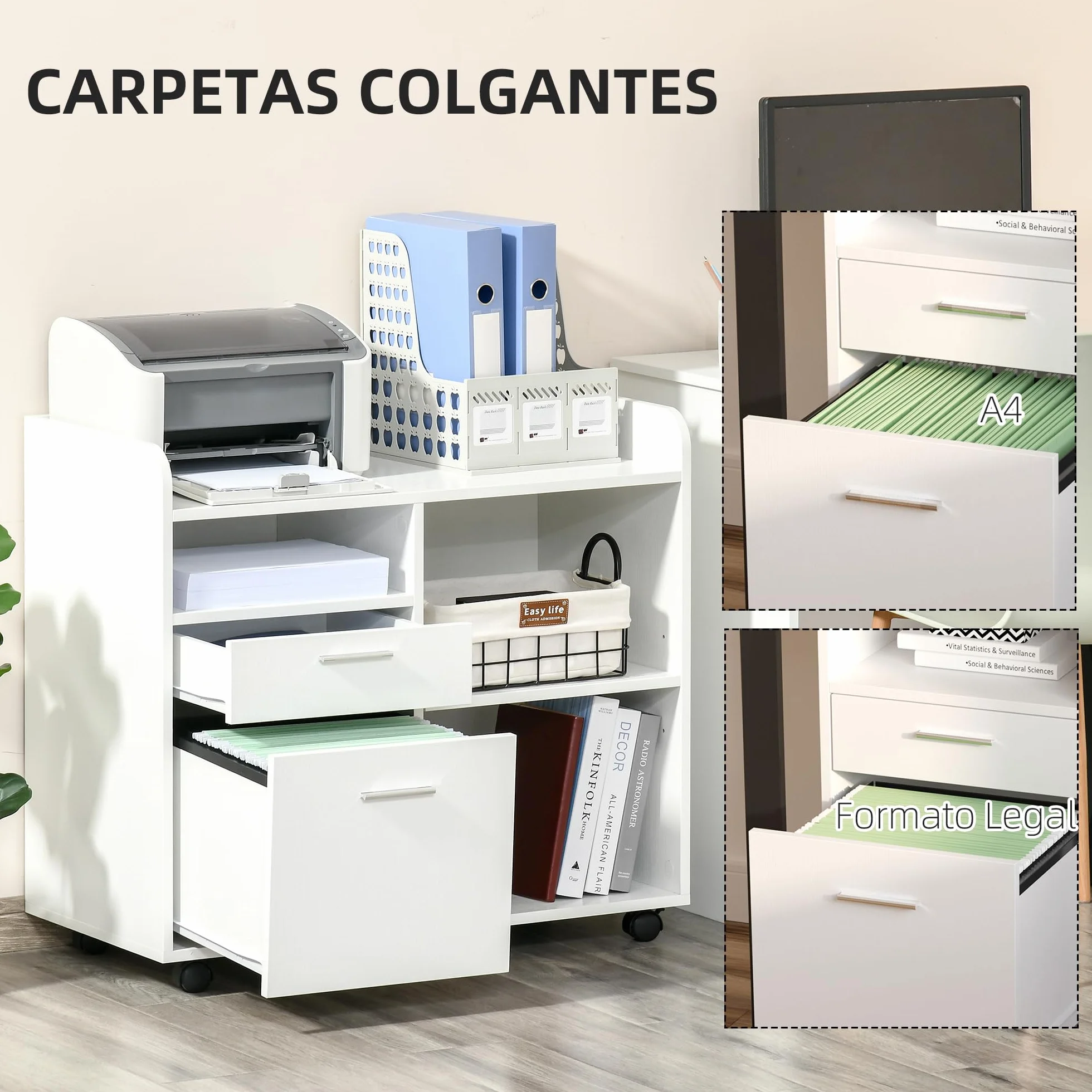 Vinsetto Mueble de Impresora Carro Multifuncional de Oficina con 3 Compartimentos 2 Cajones para Archivos Estante Ajustable Ruedas con 2 Frenos 80x40x72 cm Roble