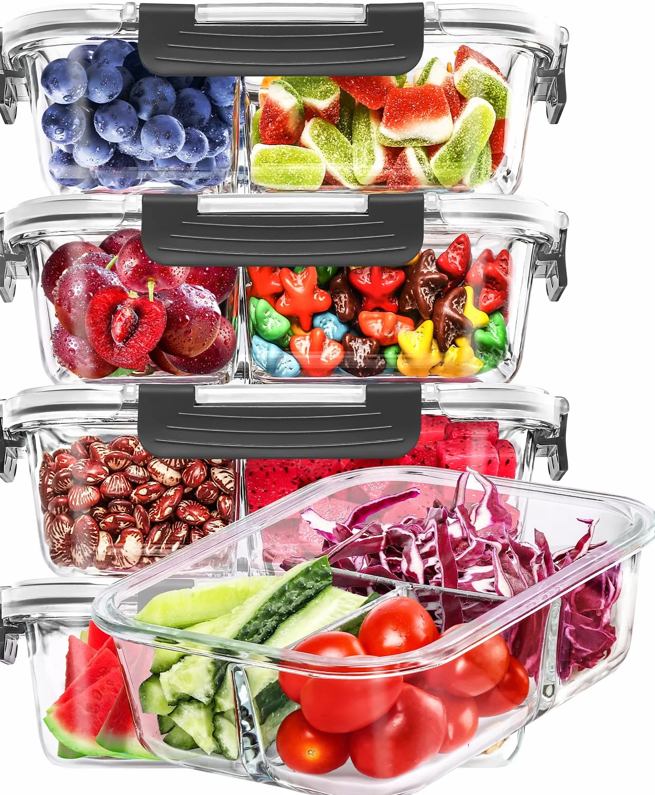 Skroam Recipientes de vidrio para alimentos de 3 compartimentos, 5 unidades