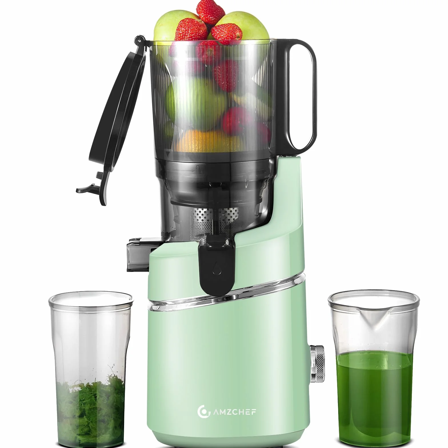 AMZCHEF Extractor de Zumos y Verduras Automático, 135MM Apertura y 1.8L Capacidad Licuadora para Verduras y Frutas Entera, 250W Licuadora Prensado en Frio Lento con Triple Filtro - Verde