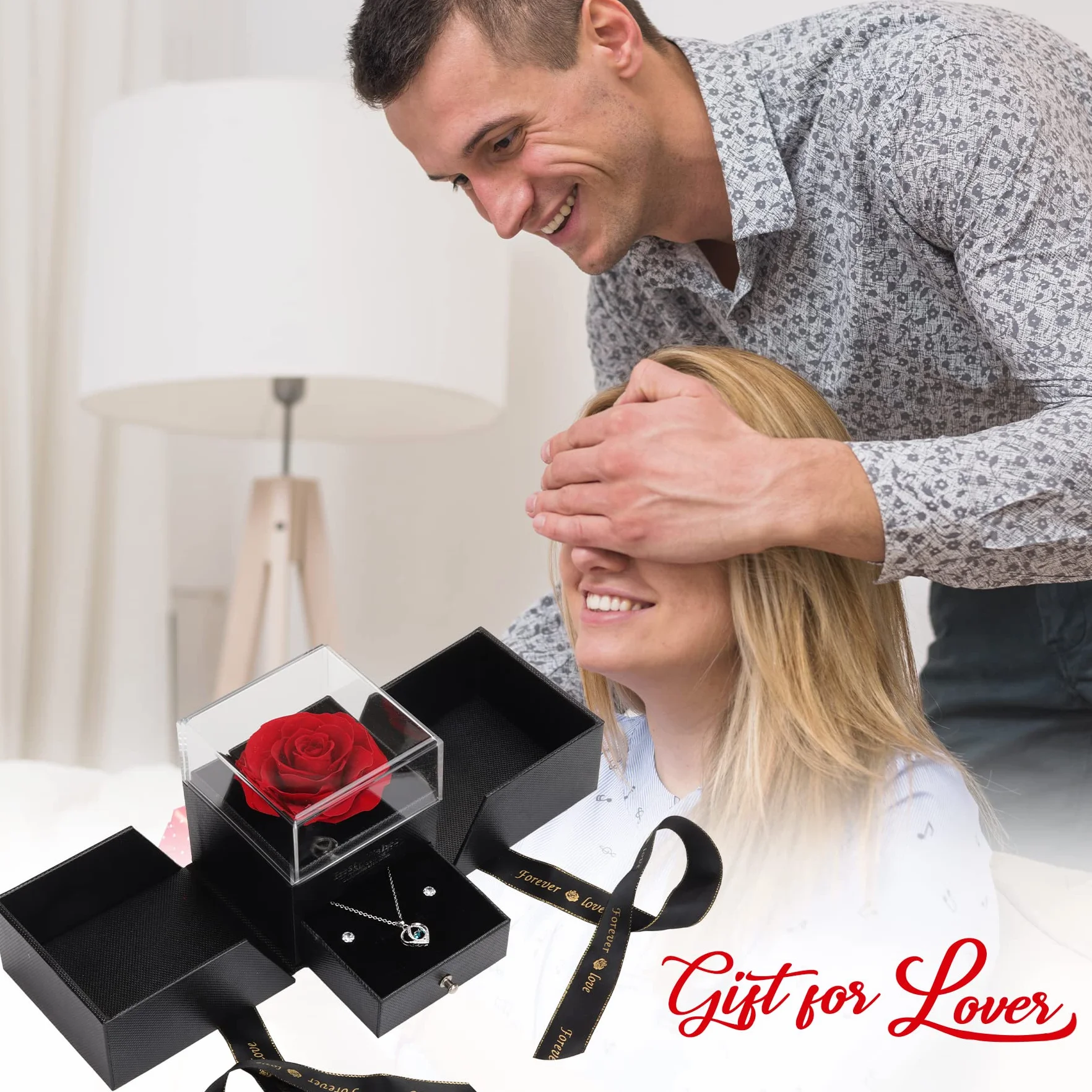 Rosa Eterna Rojo Caja de Regalo Rosa Preservada con Collar de Corazón y Aretes para Mujer