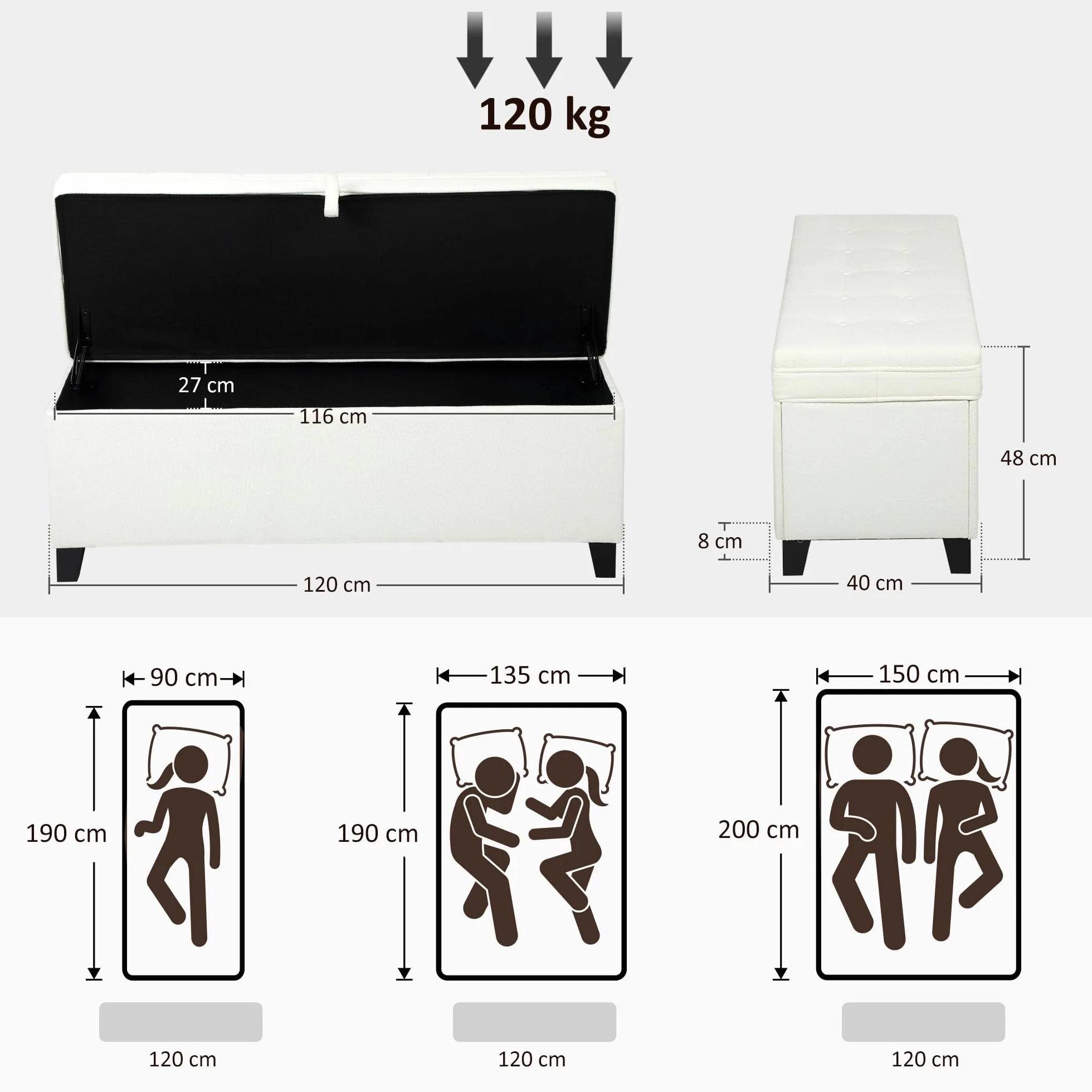 HOMCOM Puff Almacenaje Banco Almacenaje 112L Tapizado en Lino con 2 Bisagras de Seguridad Tapa Abatible y Asiento con Capitoné para Dormitorio Salón Entrada Carga 120 kg 120x40x48 cm Crema