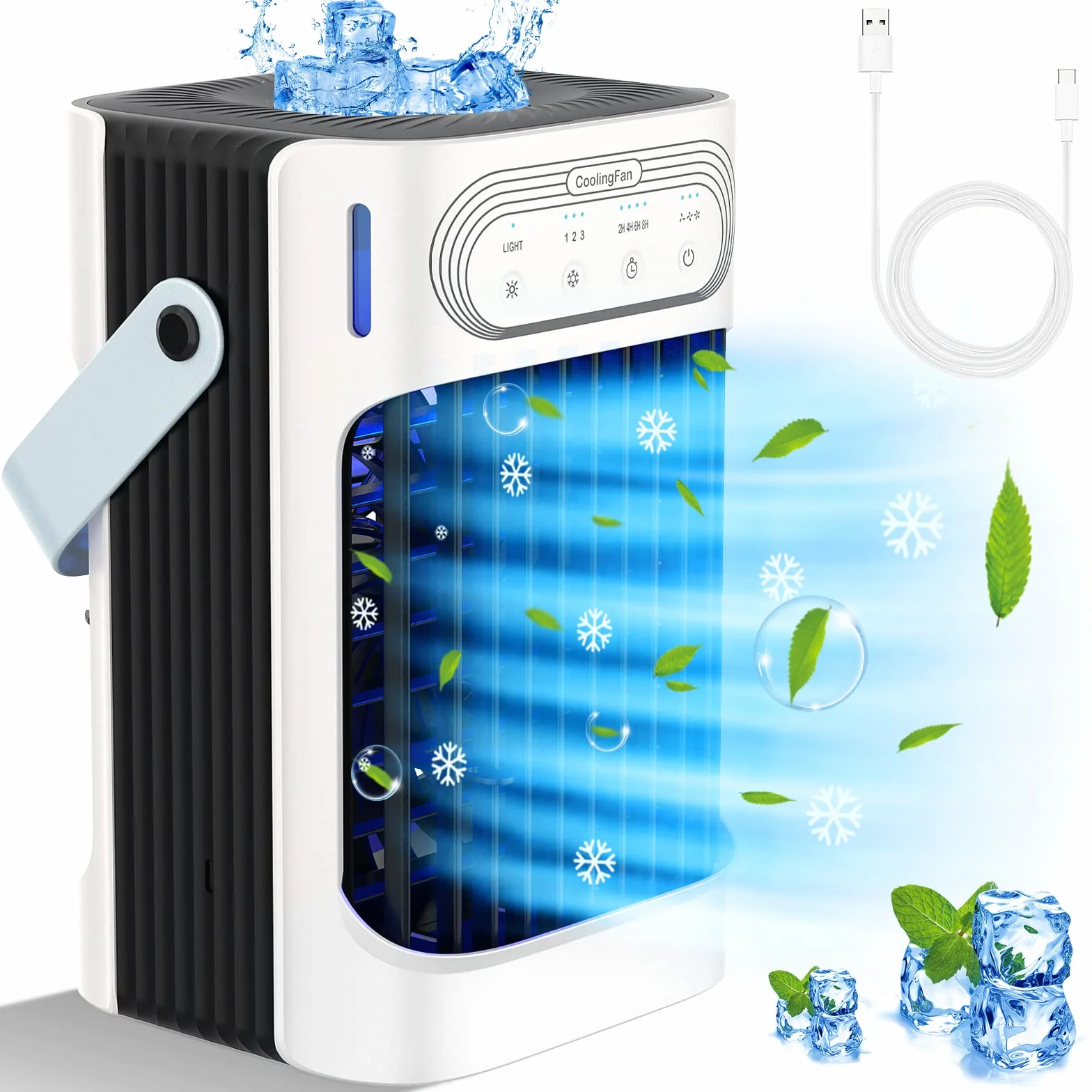 Enfriador de Aire Portátil 4 en 1 con Tanque 800ml, 3 Velocidades, Modos Nebulización, Luz 7 Colores, Temporizador 2-8H