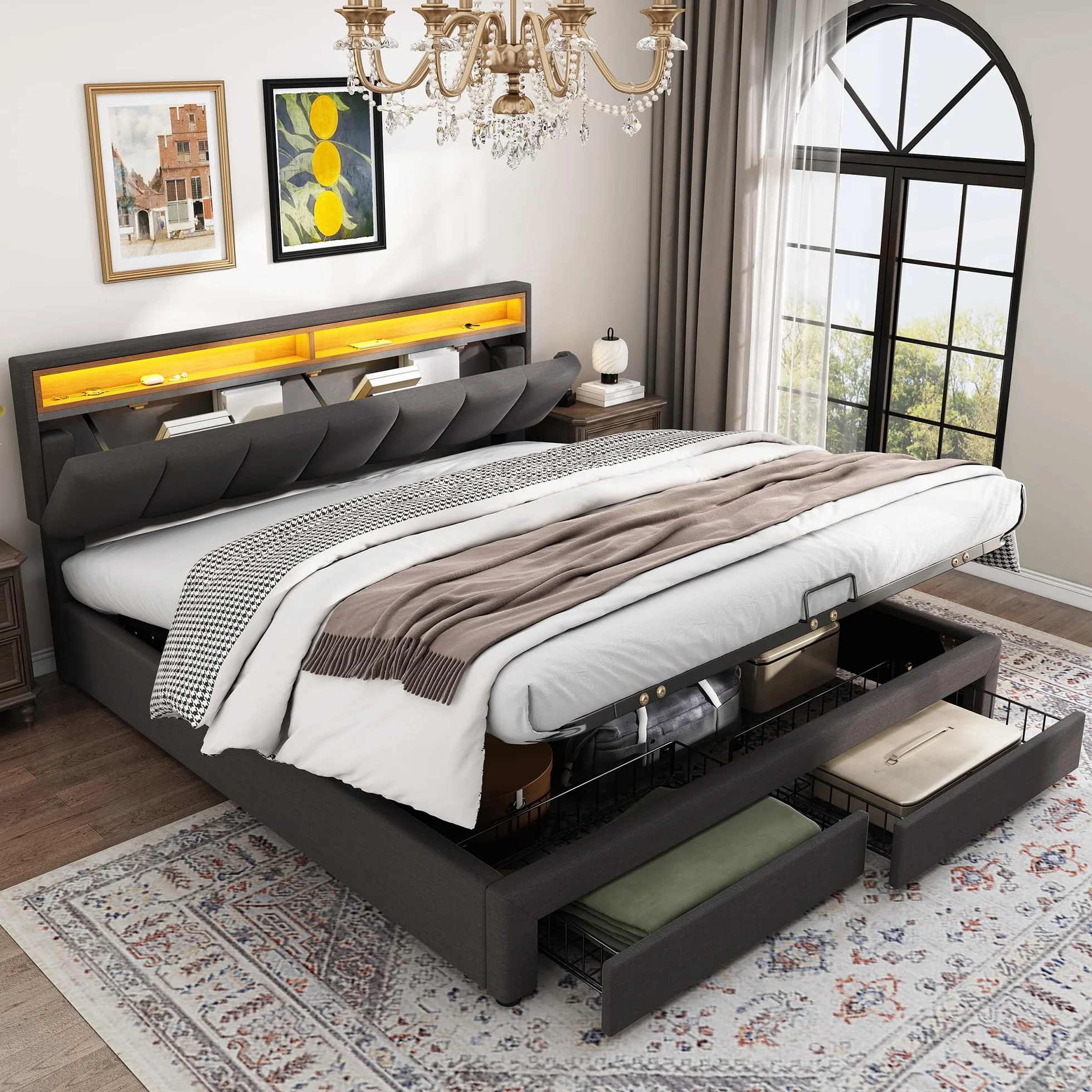 Cama Tapizada de 140x190 cm con LED y 2 Cajones, Estructura de Cama Doble con Soporte de Láminas y Almacenamiento Hidráulica, Cabecero con Almacenaje, Lino, Gris, Sin Colchon