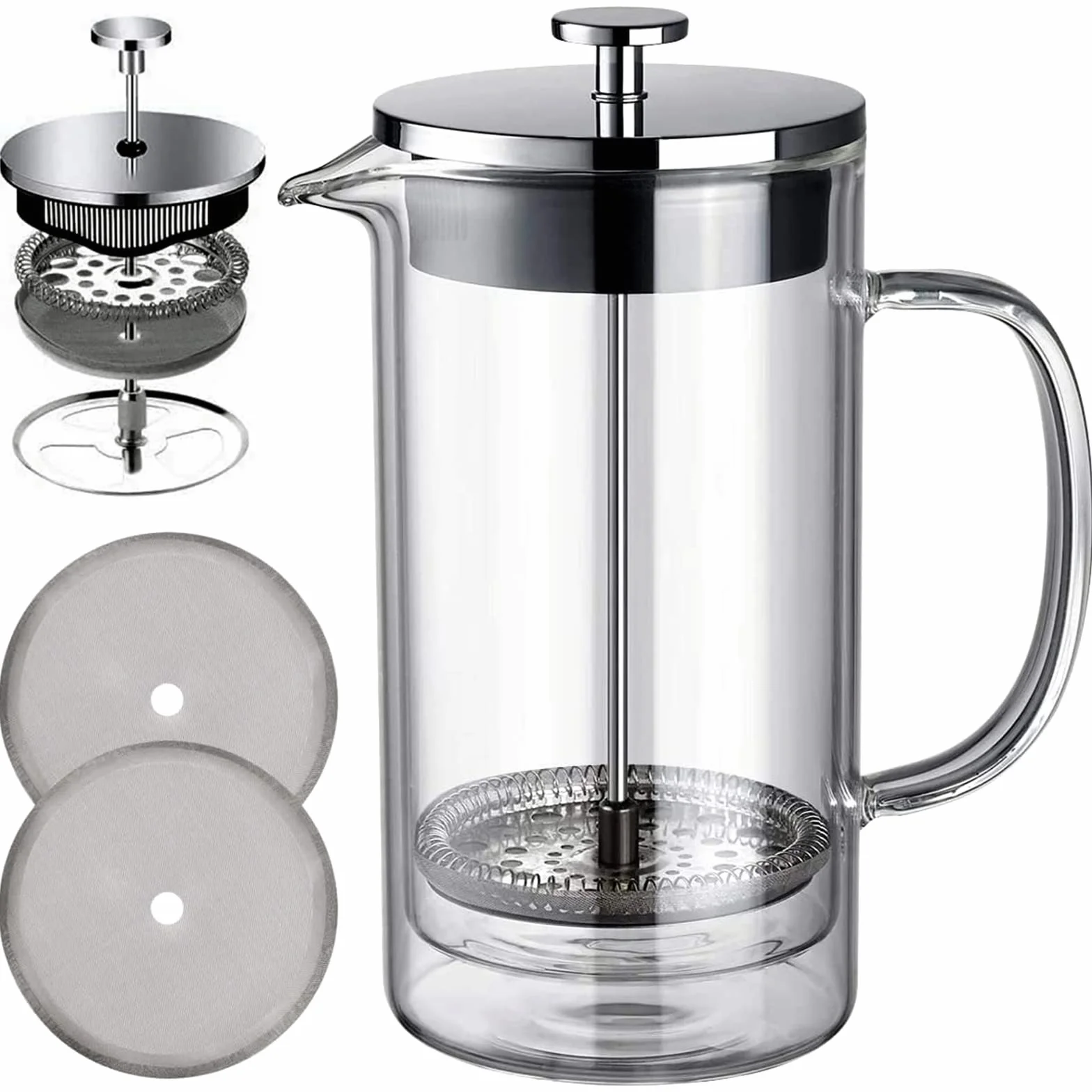 Cafetera de prensa francesa, tetera de doble pared, vidrio de borosilicato, acero inoxidable 304, prensa de café transparente, 600 ml UNNKI