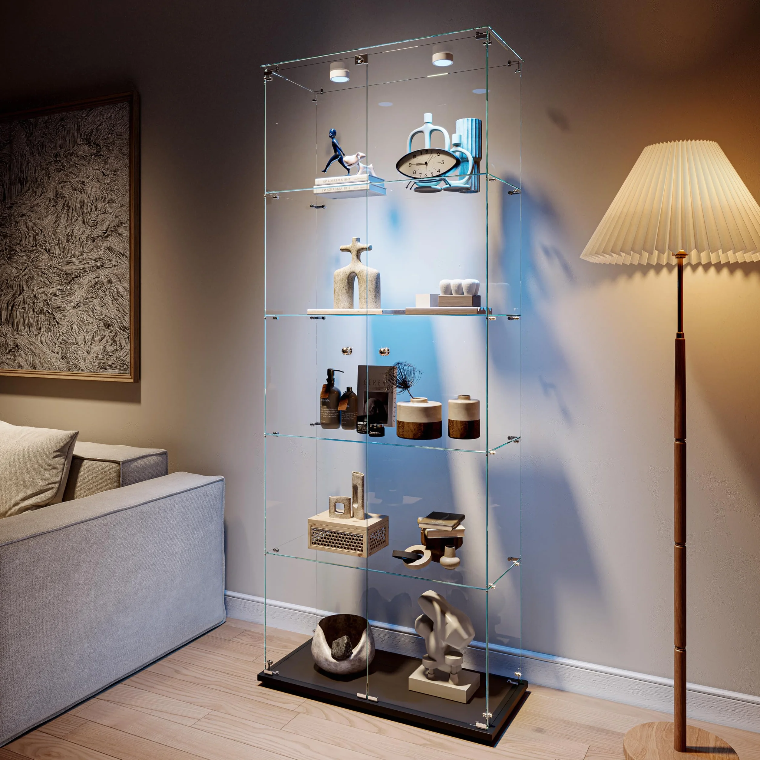Armario De Exhibición De Vidrio Con 5 Estantes Y 2 Puertas, Vitrina De Pie Con Luces LED, Adecuado Para Sala De Estar, Dormitorio Y Oficinas