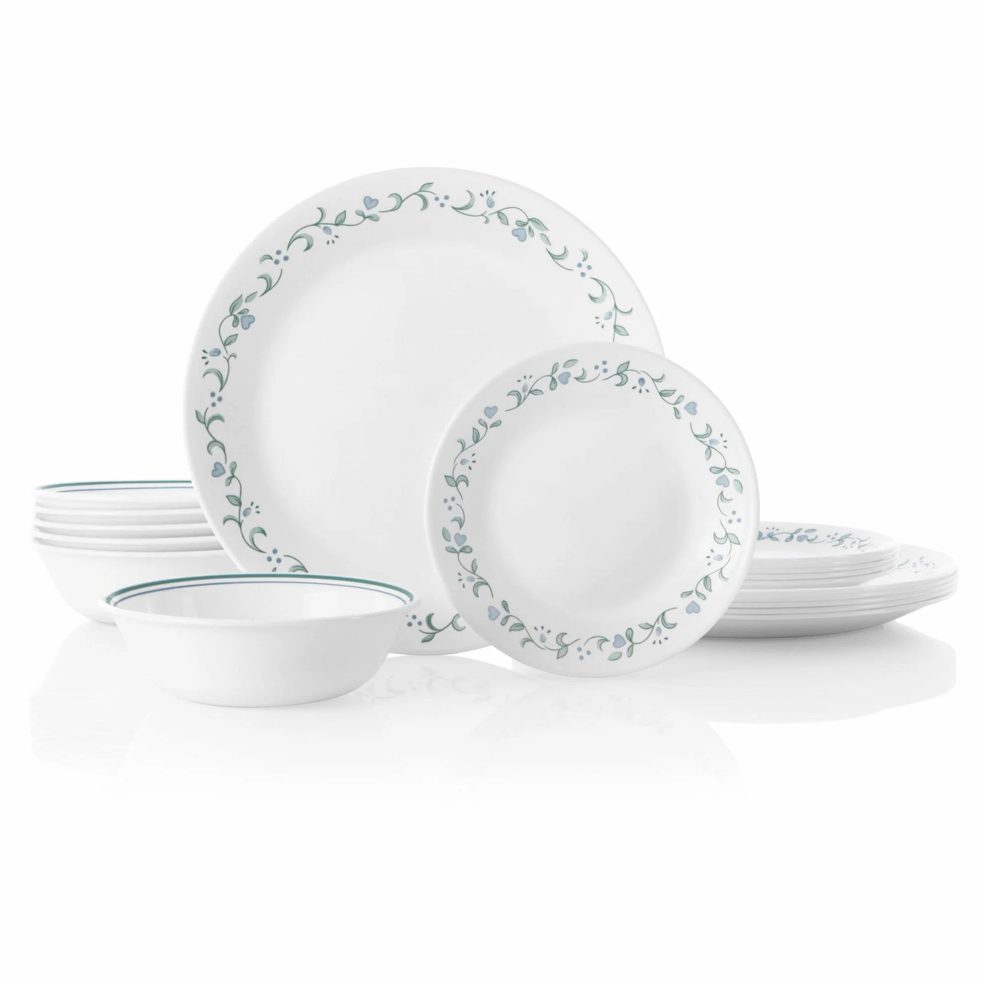 Corelle Juego de vajilla de 18 piezas, estilo casa de campo, servicio azul y blanco para 6, vajilla resistente a las astillas, incluye platos llanos de 26 cm, platos de ensalada de 17 cm y cuencos de