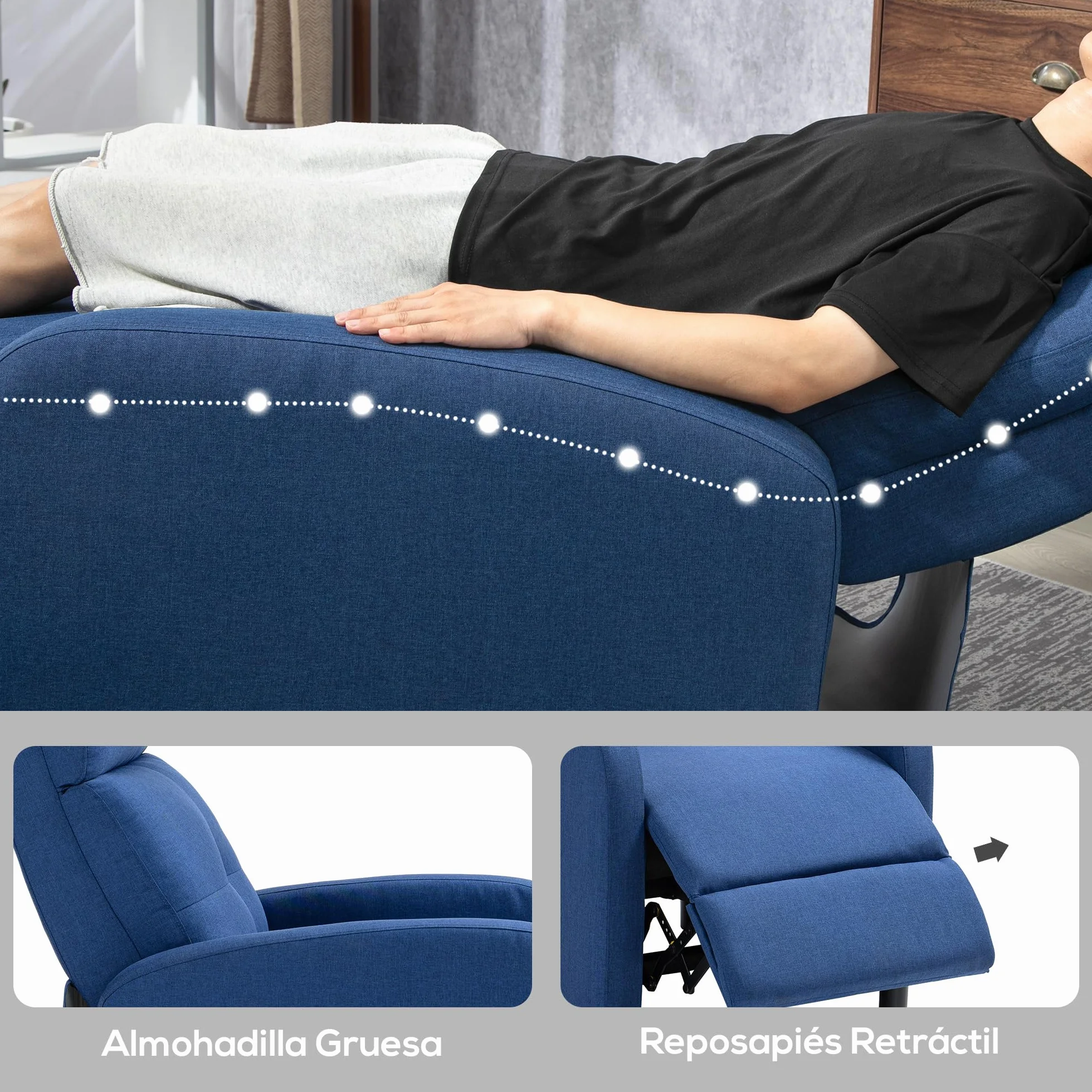 HOMCOM Sillón Relax Reclinable Manual, Sillón Relax de Lino con Apertura Push, Reposapiés, Respaldo Alto, Acolchado Grueso, Butaca Reclinable hasta 155º para Salón, Dormitorio, Oficina, Azul