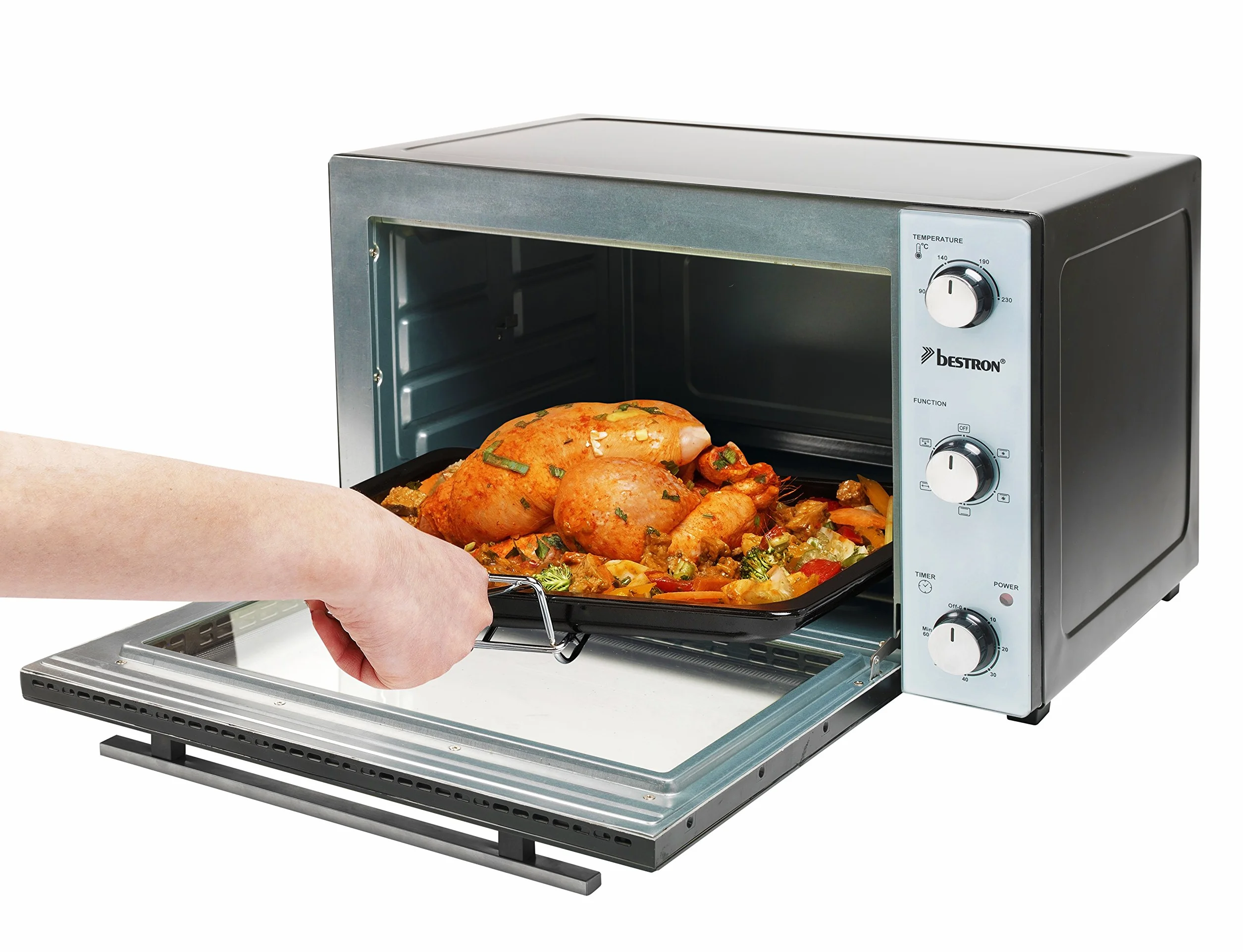 Bestron Mini Horno con Pincho Giratorio y Piedra para Pizza, 31 Litros, 1500 Vatios, Acero Inoxidable