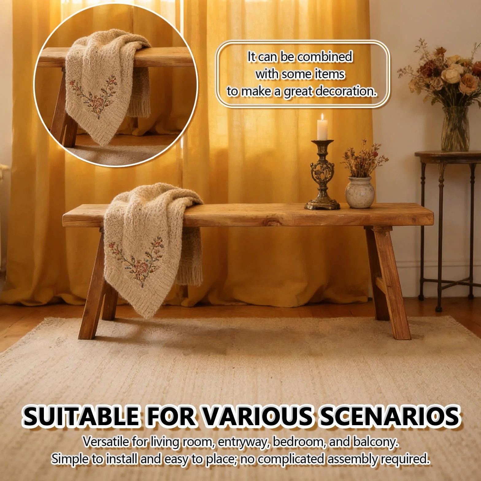 Banco rústico para los pies de la Cama, Banco de Madera para la Entrada Interior, Madera rústico Estrecho para el Comedor.(80cm)