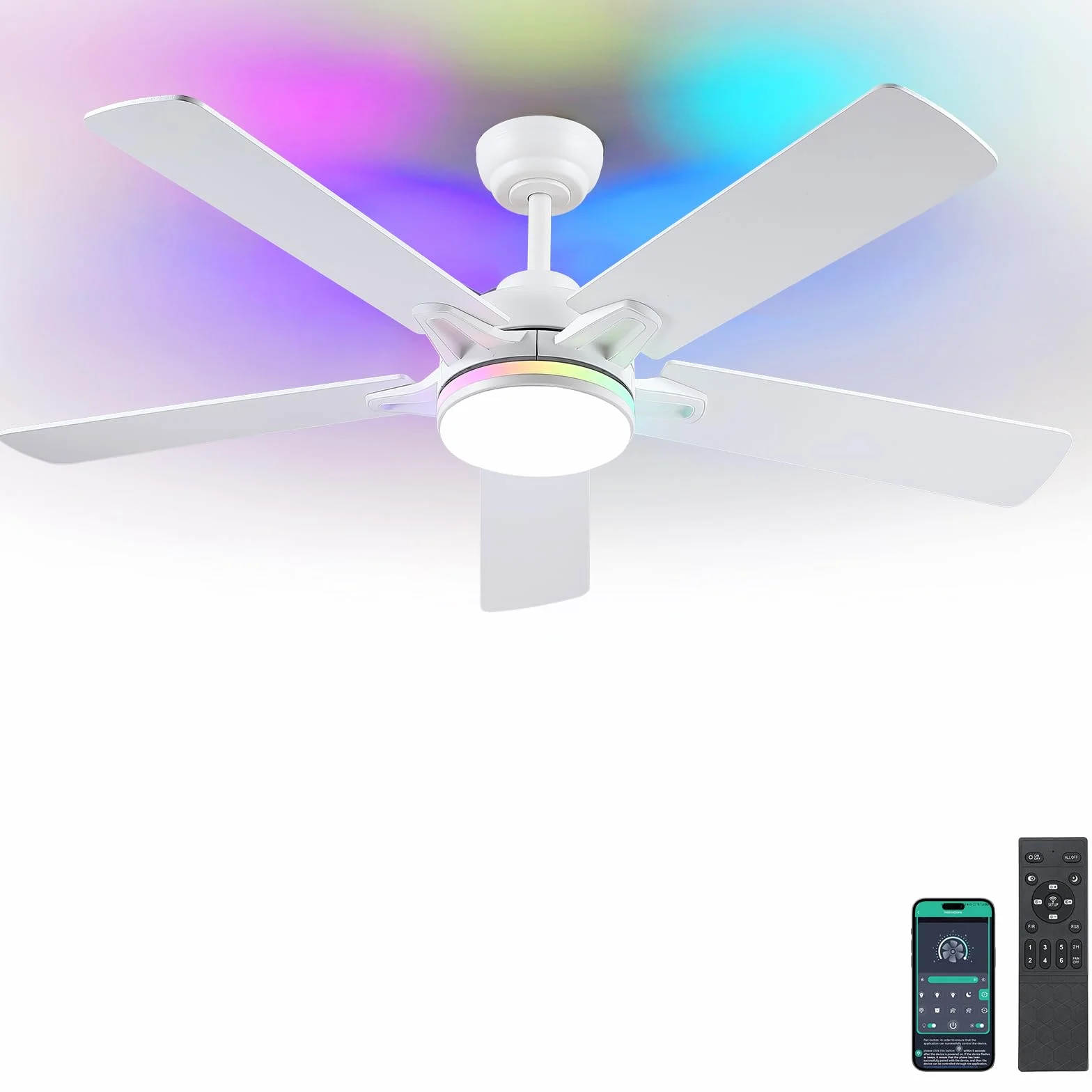 Kviflon RGB Ventilador de Techo con Luz Silencioso 132 cm, Modernos Ventiladores de Techo con Mando a Distancia y APP para Dormitorio Salon, Motor dc Reversible, LED Regulable, Aspas de Madera, Blanco
