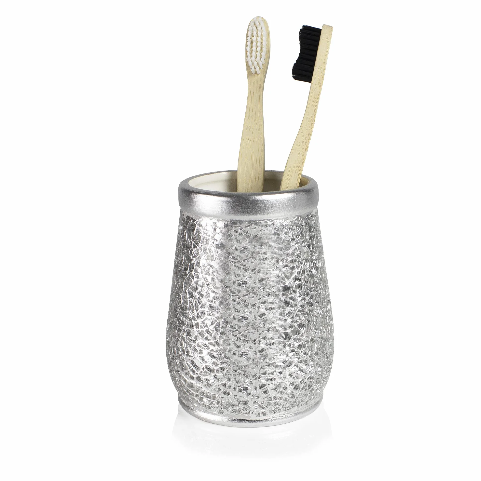 Vaso Cepillo Dientes Baño Serie Trencadis Plata Resina Cristal 8 cm x 12 cm