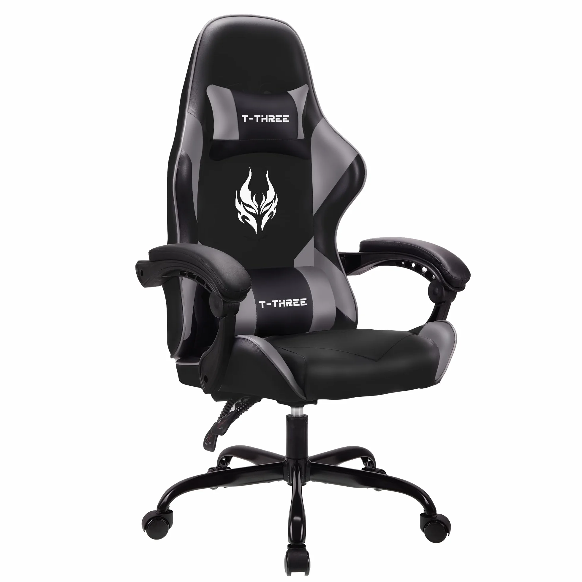 T-THREE. Silla ergonómica de respaldo alto para juegos, computadora, oficina y estudio, giratoria con soporte lumbar ajustable y reposacabezas, capacidad de 150 kg, ideal para