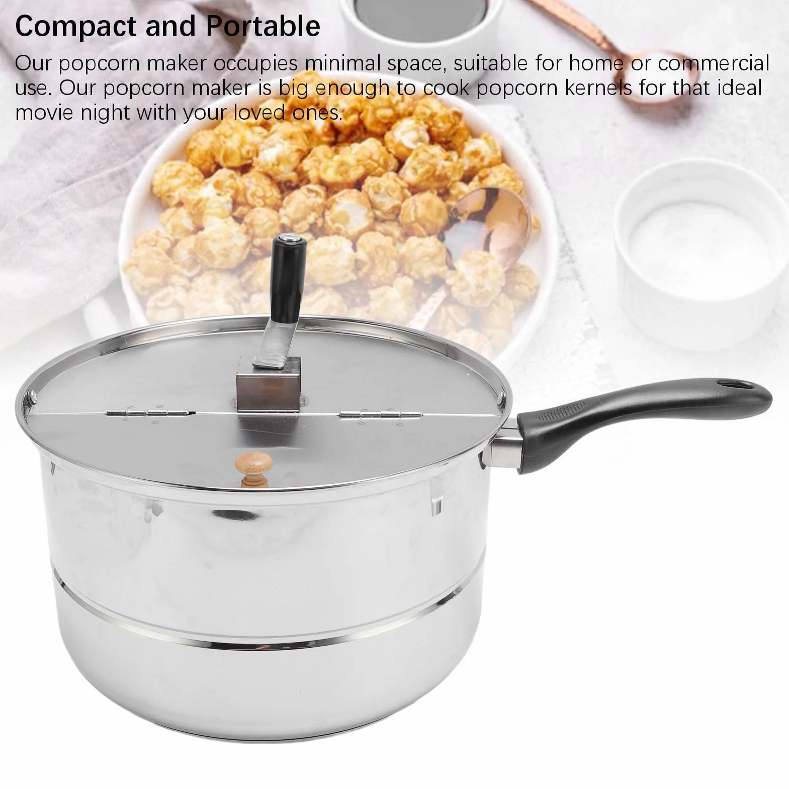VBESTLIFE Máquina Portátil de Palomitas de Maíz con Manivela, Palomitas de Maíz de Acero Inoxidable, Fácil Limpieza para Cine en Casa