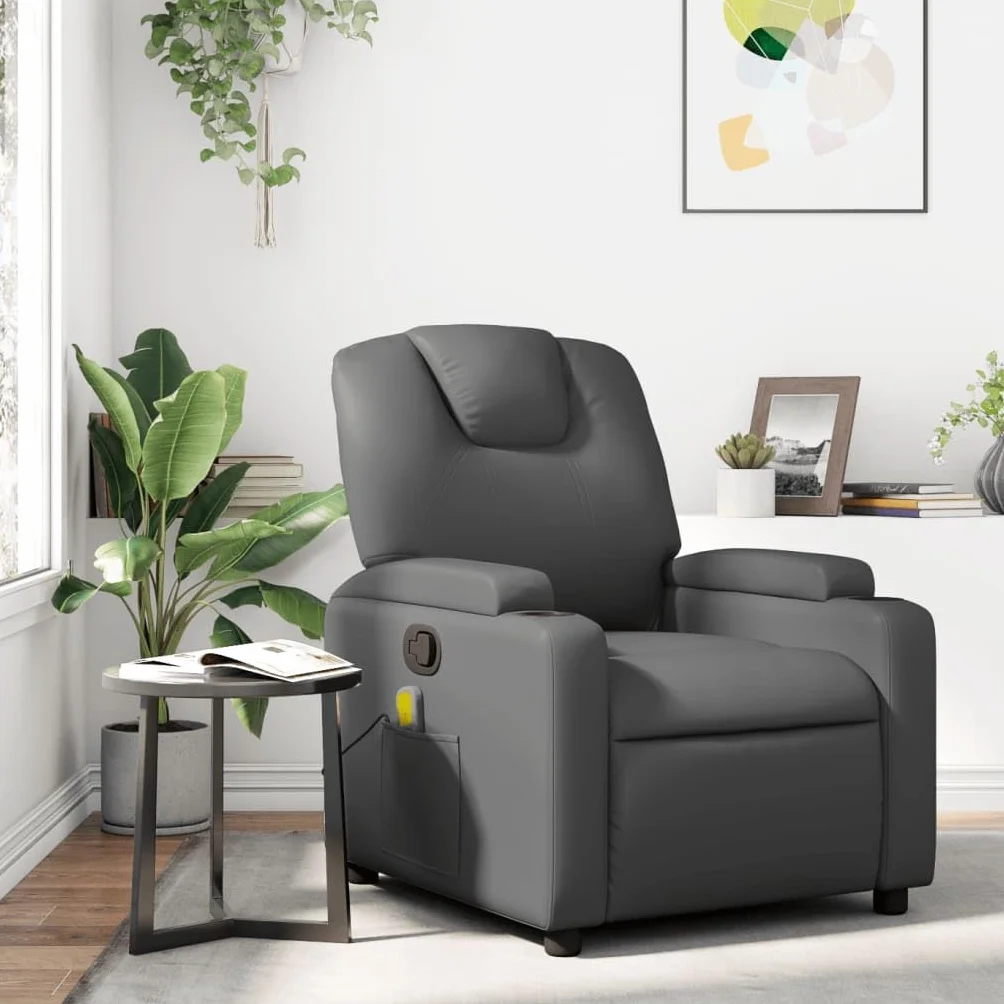 Festnight Sillón Masaje Reclinable Sillón Masaje Eléctrico Sillon Relax Reclinable Sillon Reclinable Manual Sillón Relax de Cuero Sintético, con Prácticos Portavasos y Bolsillo, Gris