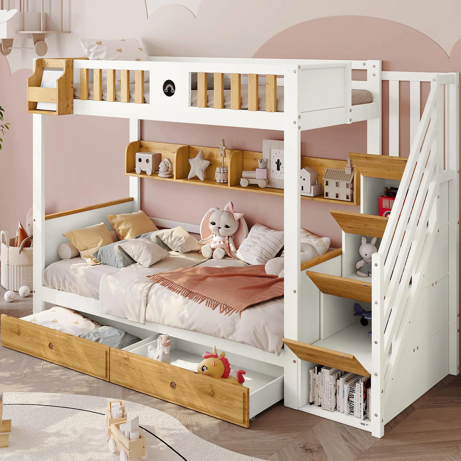 Litera Cama Infantil 90x200 con Escalera de Almacenamiento y 2 Cajones, Literas Cama Alta con Pizarra y Estantería, Camas con Protección Anticaídas y Somier, Sin Colchón, Blanco+Natural