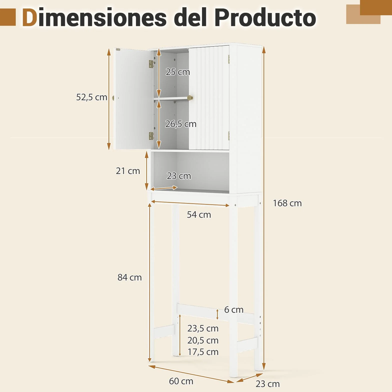 GIANTEX Mueble Organizador sobre Inodoro, Armario de Pie con 2 Puertas y 1 Compartimento Abierto, Estante Inferior Ajustable, 60 x 23 x 168 cm, Estantería Alta para Baño, Lavadero (Blanco)