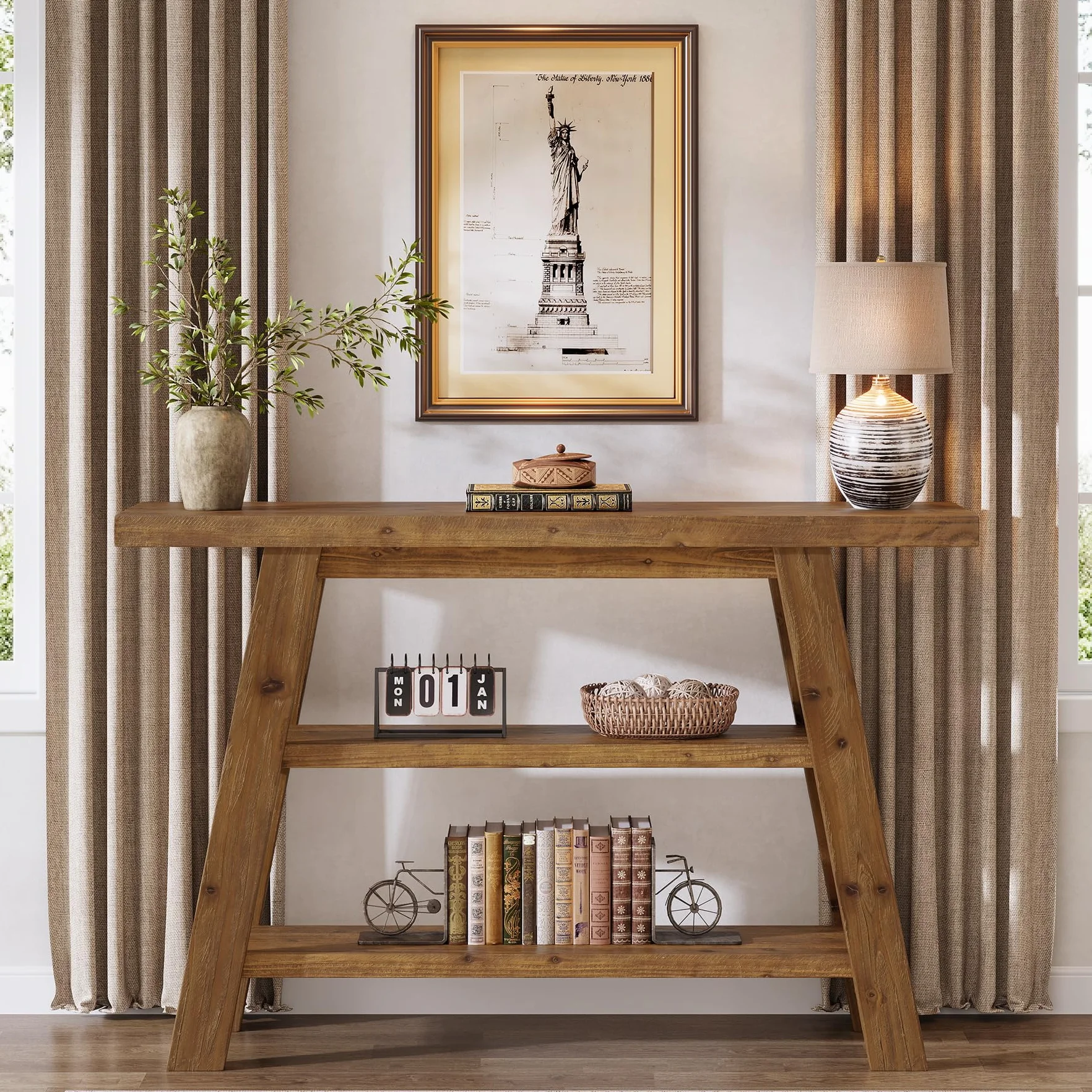 Mesa Consola de Madera Maciza de 120 cm, Mesa de Entrada con estantes de 3 Niveles, rectangulares detrás del sofá, mesas de Acento estrechas para Pasillo, Entrada, vestíbulo, salón (Marrón)