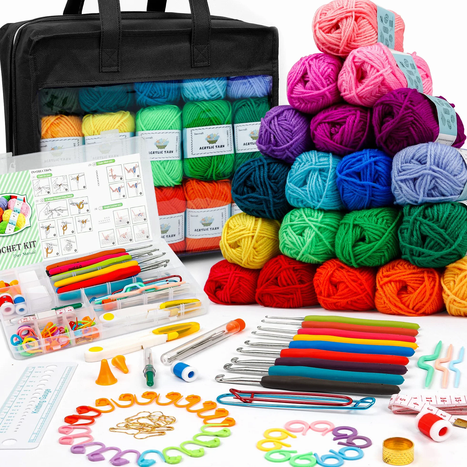 Kit de ganchillo con agujas de 103 piezas, paquete prémium que incluye bolas de hilo de 1509 m, agujas, accesorios, paquete de inicio ideal para niños, adultos, principiantes y profesionales.
