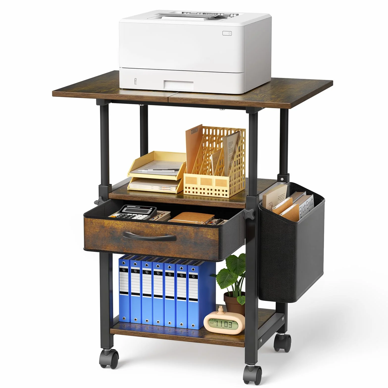 Mesa para Impresora con Ruedas, Soporte Impresora de 3 Niveles con Altura Ajustable, Cajón de Almacenamiento y Bolsa Lateral, Mueble Impresora con Marco de Acero Resistente para Oficina en Casa