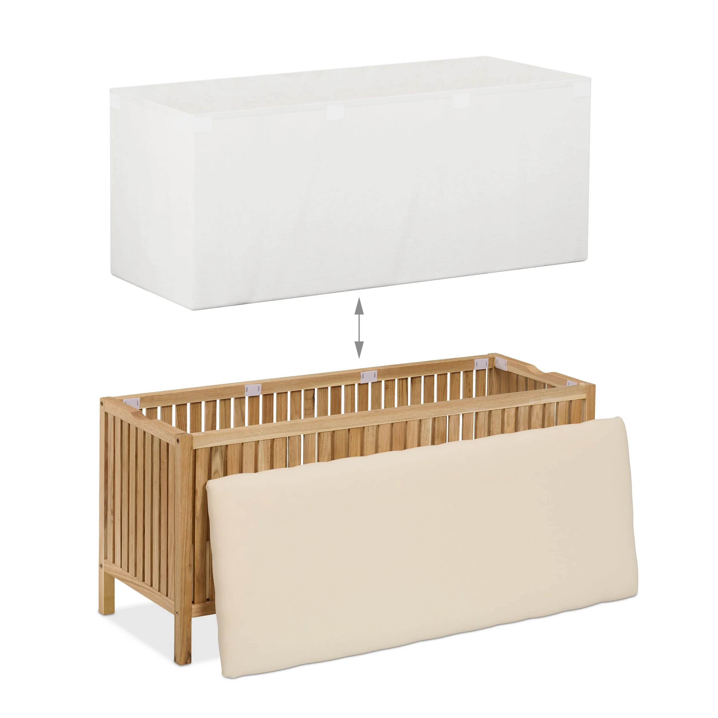 Relaxdays Arcón para Ropa Sucia con Asiento, Baúl para Colada, 100 L, 50 x 100 x 38 cm, Madera y Tela, Natural y Blanco, Poliéster, Algodón