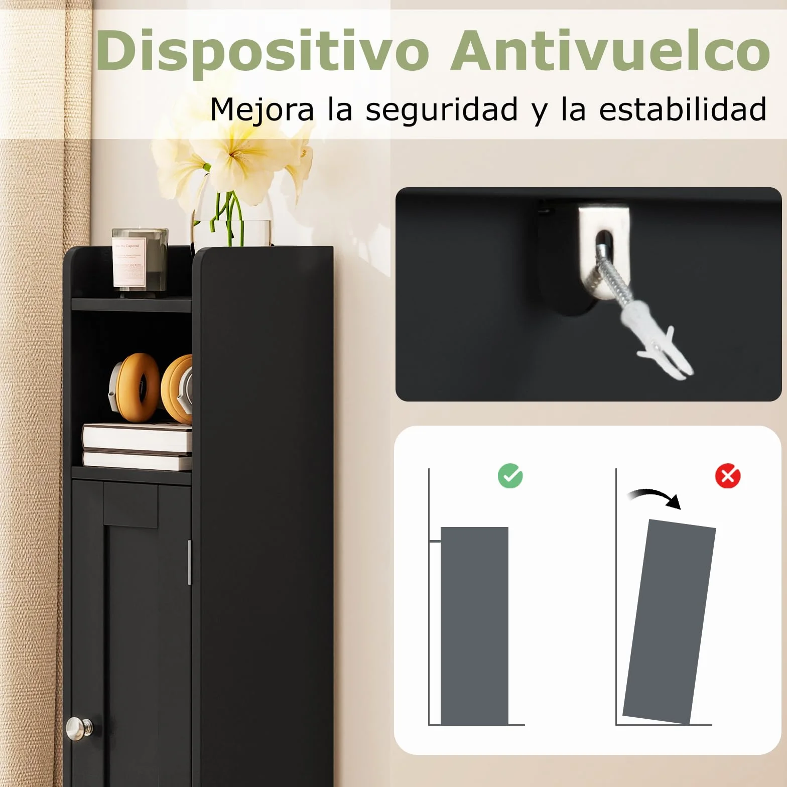 GIANTEX Armario Estrecho de Baño con Puerta, Mueble Organizador para Papel Higiénico con 5 Estantes de Almacenamiento, 2 Estantes Ajustables, 18 x 19,5 x 80 cm, para Salón, Lavandería (Negro)