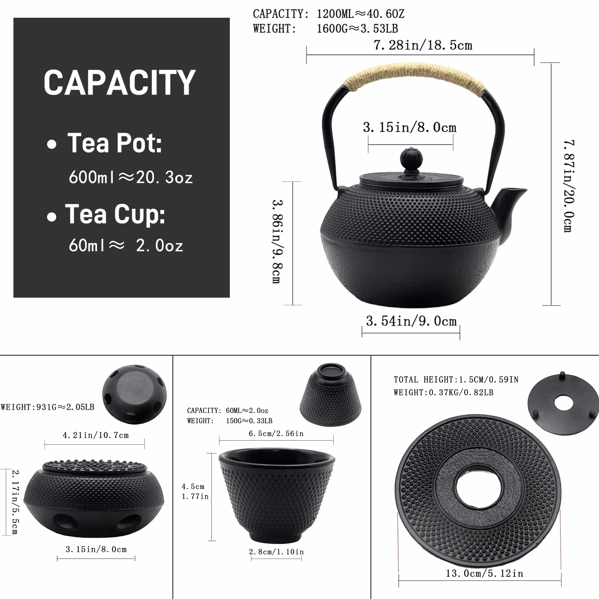 Juego de tetera de hierro fundido con calentador de hierro fundido, juego de tetera japonesa Tetsubin con tazas, tetera de hierro fundido con infusor de acero inoxidable e interior esmaltado (juego de