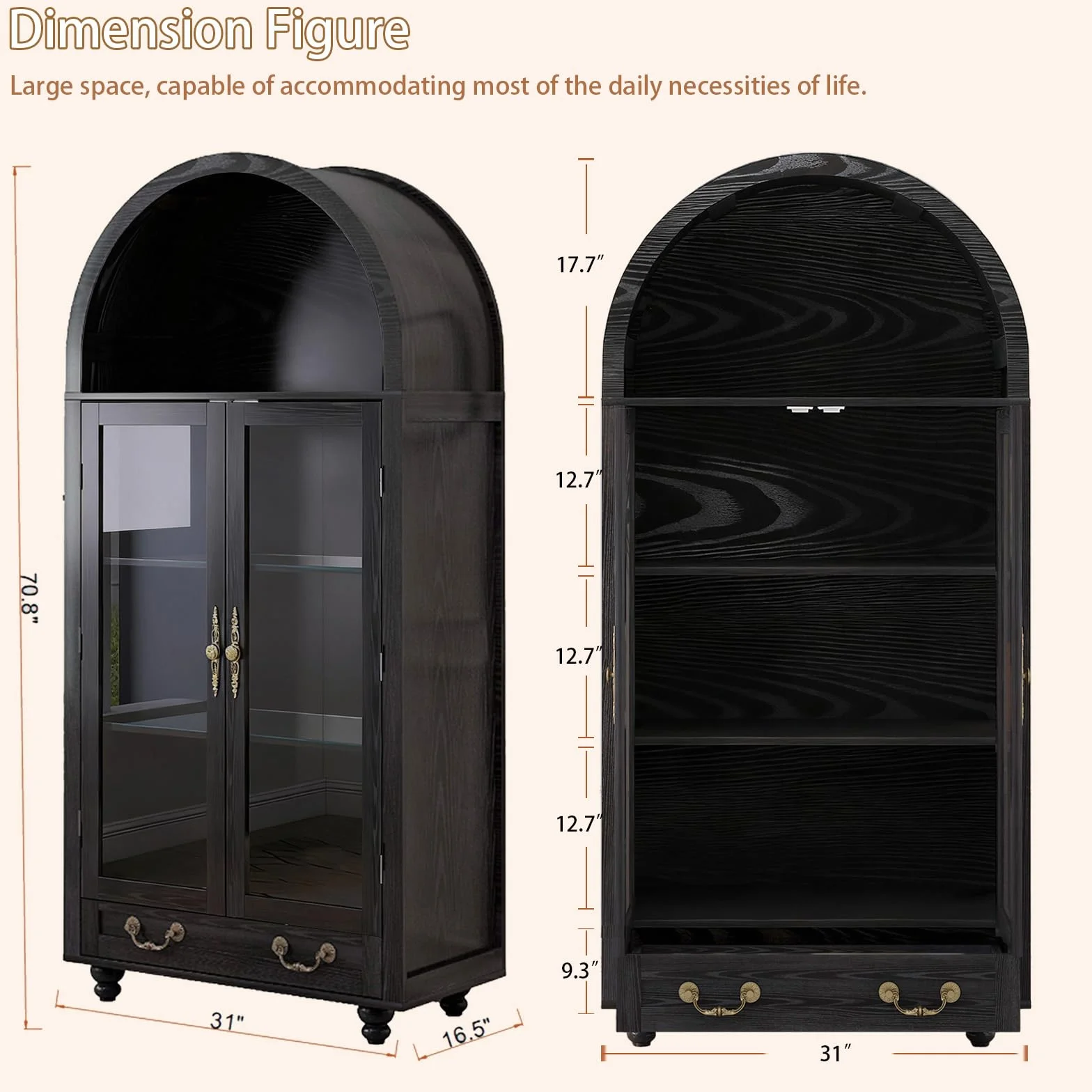 Vitrina de madera con puertas de cristal y parte superior en forma de arco, amplio espacio de almacenamiento para libros, platos y más, acabado negro resistente con asas doradas, 31 pulgadas