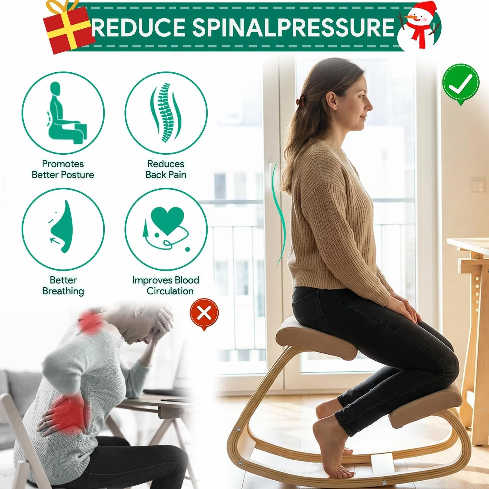 Silla ergonómica para rodillas de madera negra, corrector de postura para oficina en casa y meditación, solución de escritorio para aliviar el dolor de espalda y cuello y mayor comodidad
